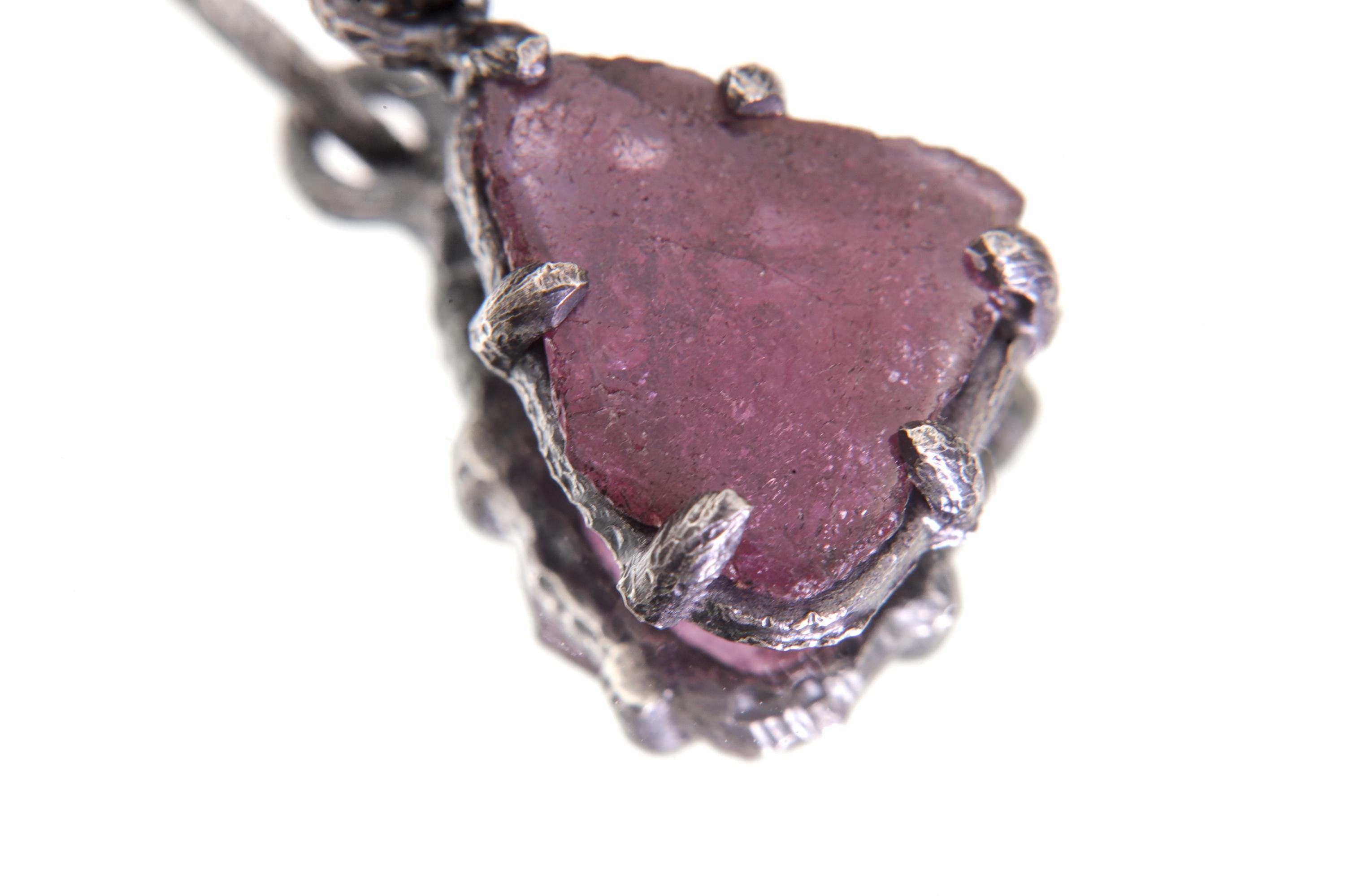 Polished Slice of High-Grade Natural Pink Tourmaline Wand with Darker Rind Pendant Sterling Silver Claw Setting Oxidized Finish