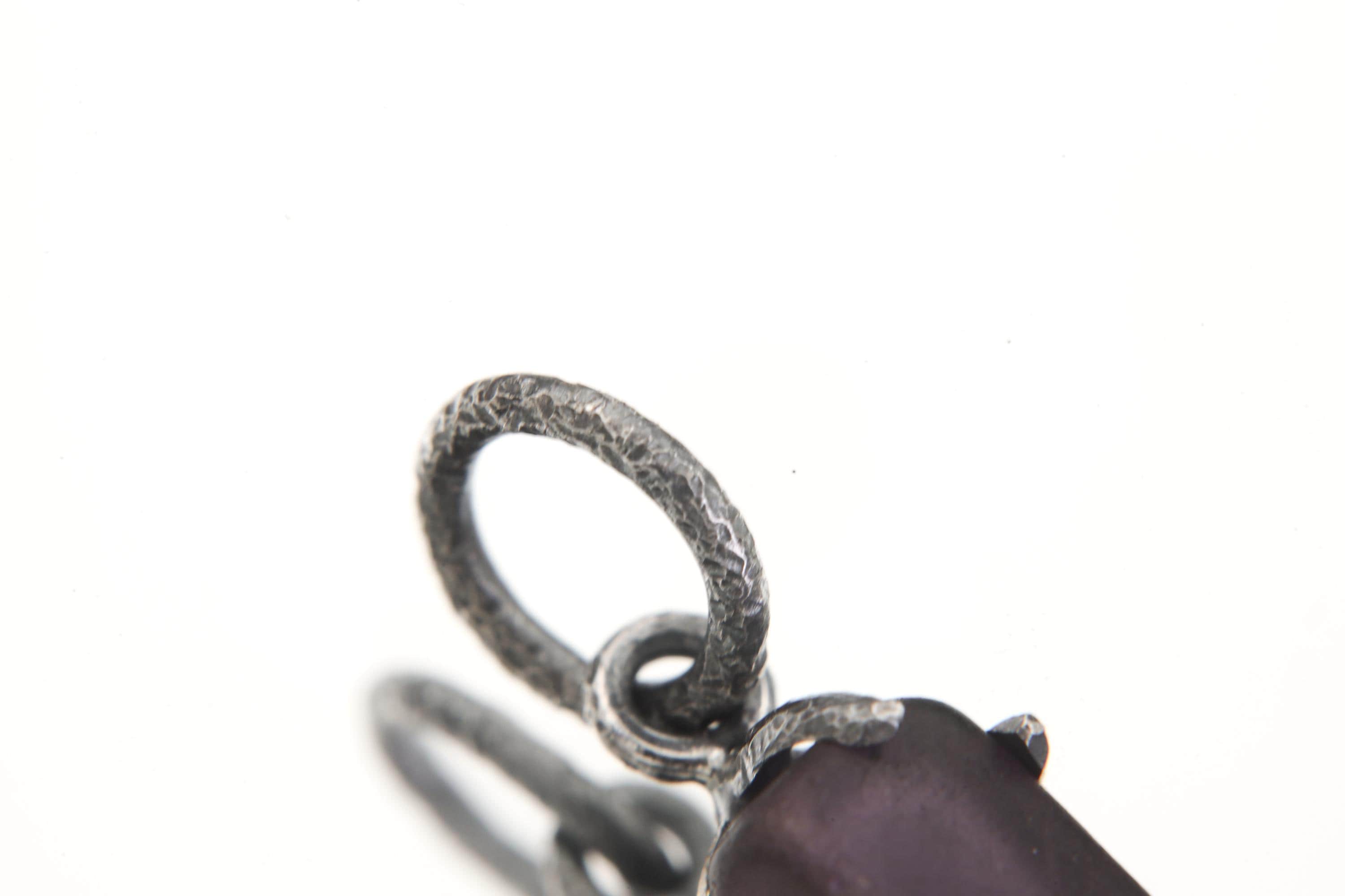 Semi Polished Facet Grade Natural Amethyst Cube Pendant, Sterling Silver Claw Frame, Hammer Textured Oxidized Healing Crystal Jewelry Gift