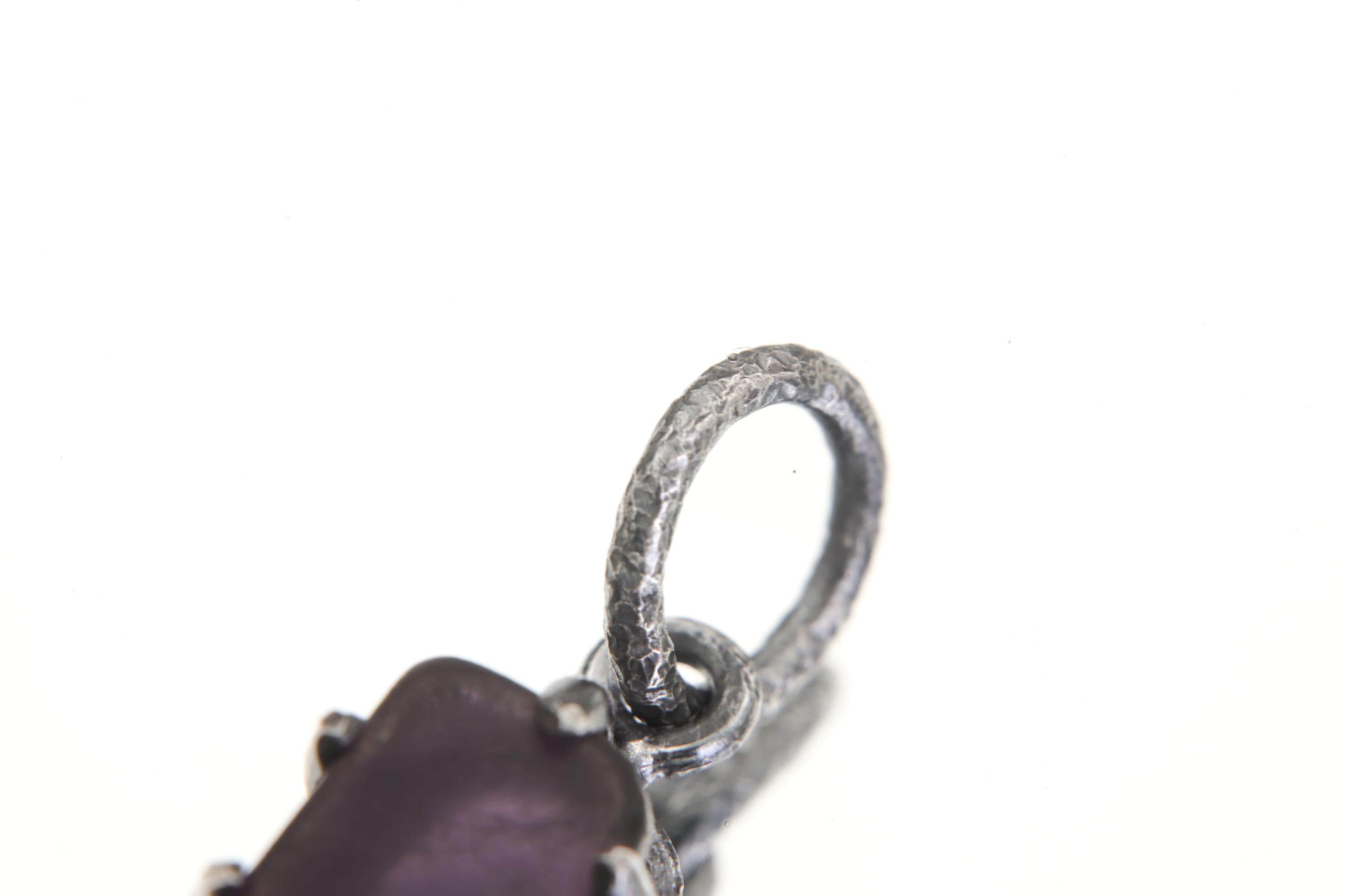 Semi Polished Facet Grade Natural Amethyst Cube Pendant, Sterling Silver Claw Frame, Hammer Textured Oxidized Healing Crystal Jewelry Gift