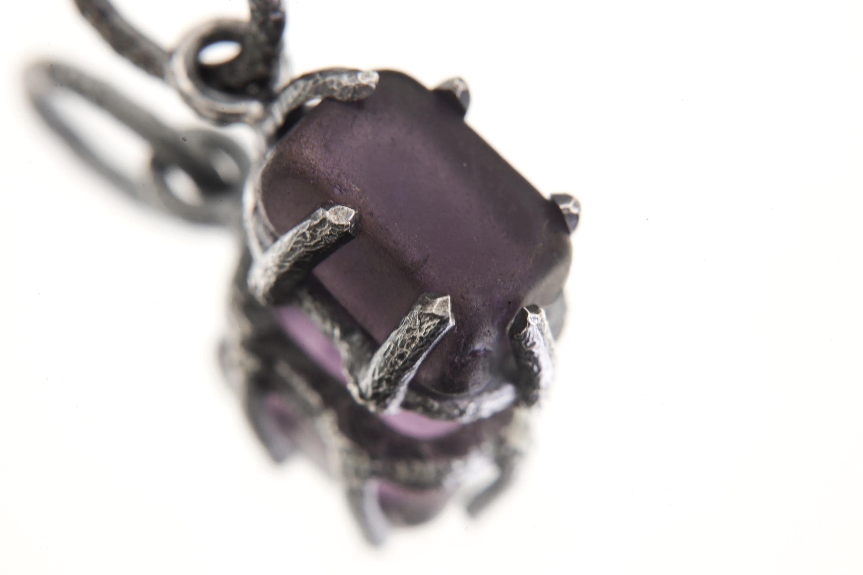 Semi Polished Facet Grade Natural Amethyst Cube Pendant, Sterling Silver Claw Frame, Hammer Textured Oxidized Healing Crystal Jewelry Gift