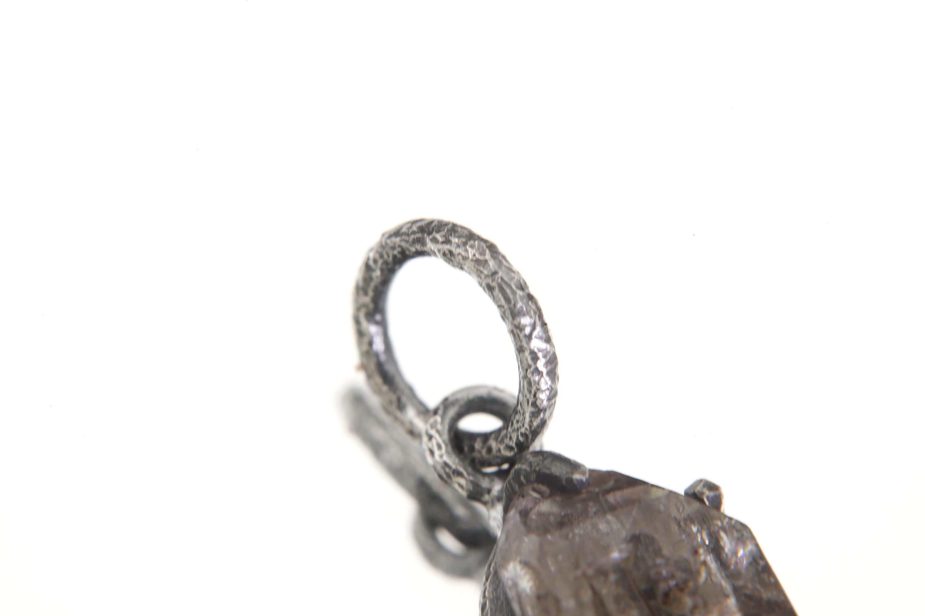 Tibetan Double Terminated Anhydro Carbon Inclusion Quartz Specimen Pendant, Raw Crystal, Sterling Silver Claw Setting, Oxidized Finish