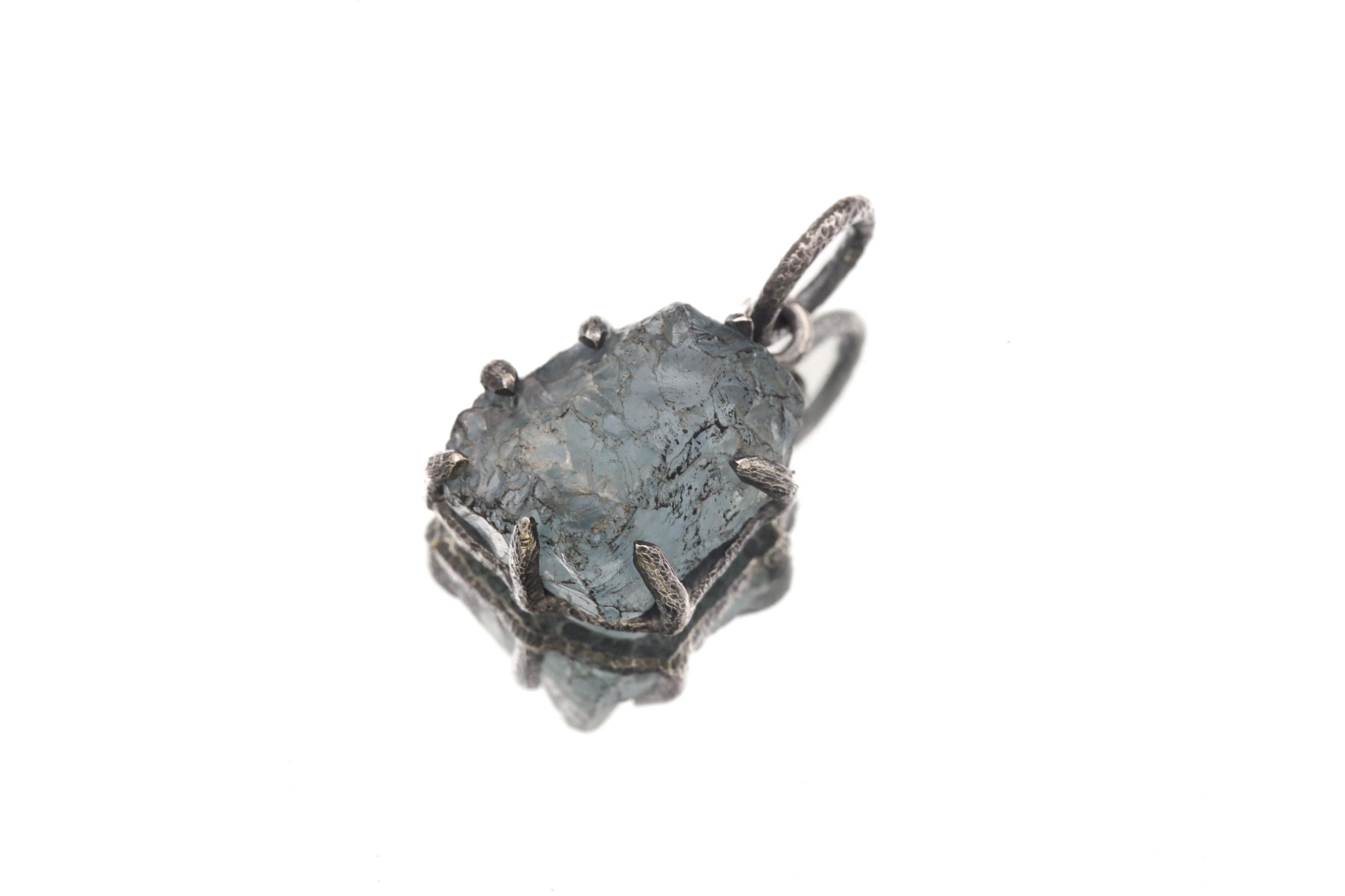 Dark Blue Facet Grade Natural Gem Aquamarine Chunk Pendant Sterling Silver Claw Setting, Hammer Texture, Oxidized Finish, March Birthstone