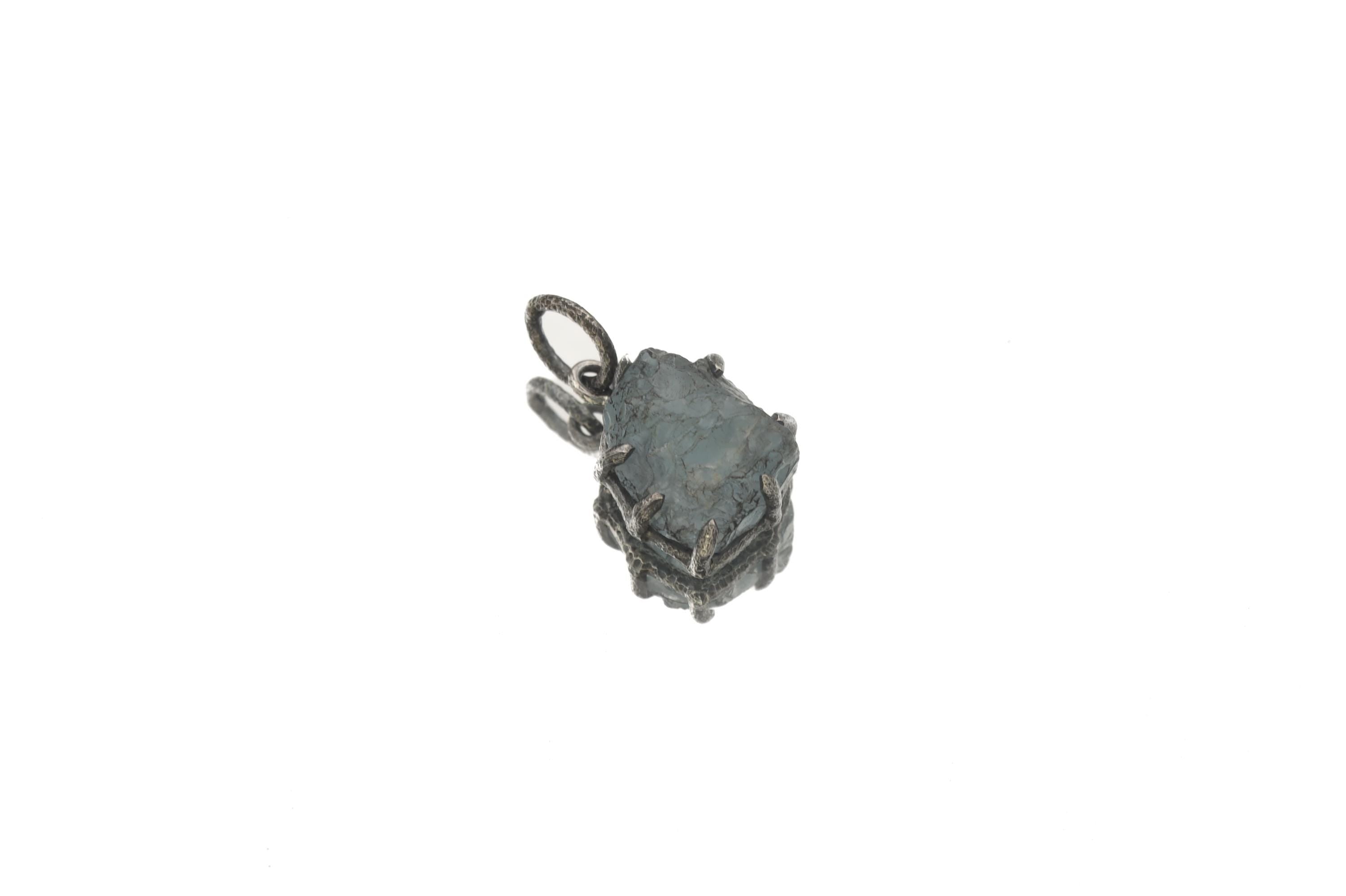 Dark Blue Facet Grade Natural Gem Aquamarine Chunk Pendant Sterling Silver Claw Setting, Hammer Texture, Oxidized Finish, March Birthstone