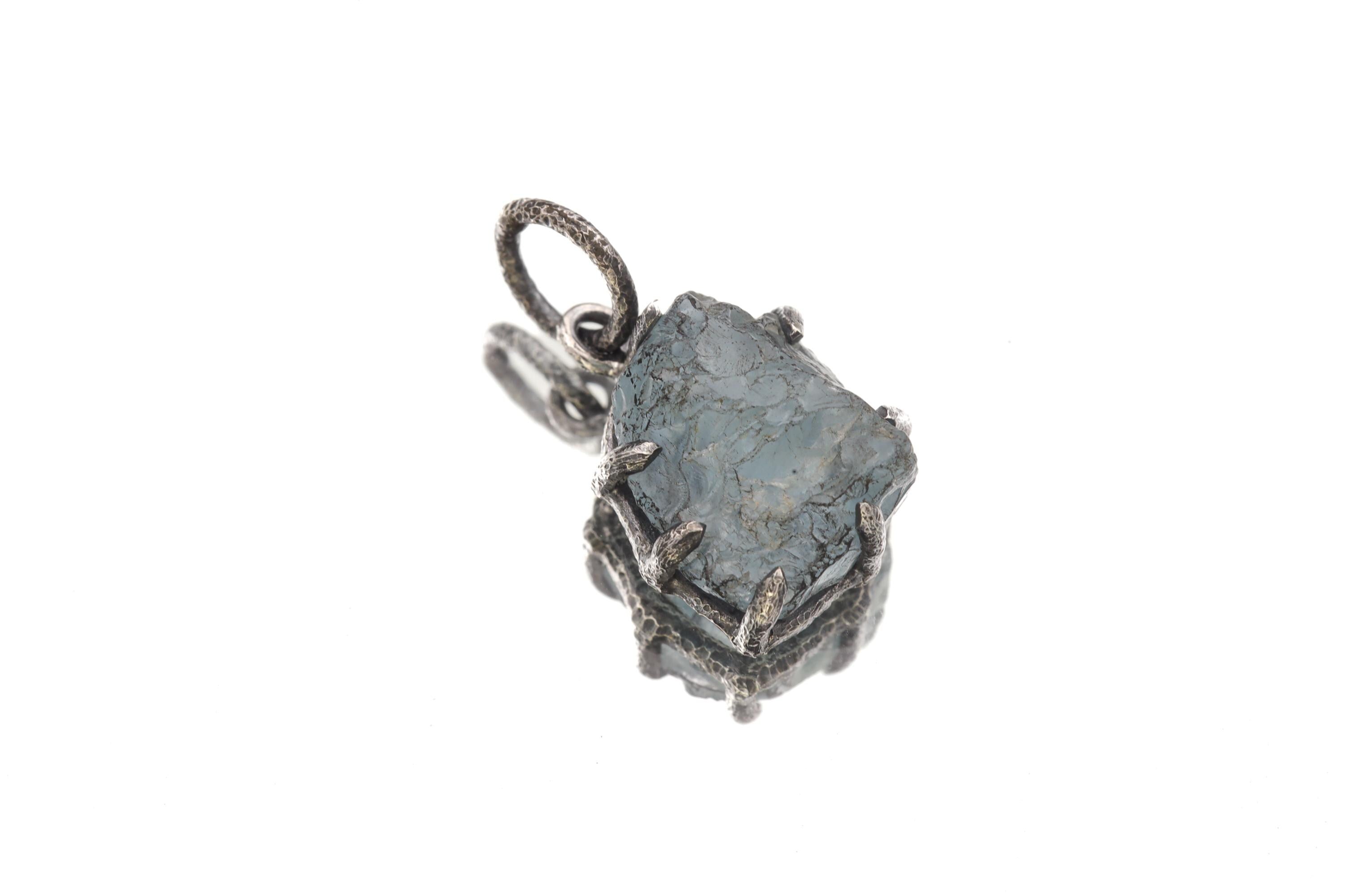 Raw Aquamarine Chunk Pendant, Oxidized Sterling Silver, Hammered Texture