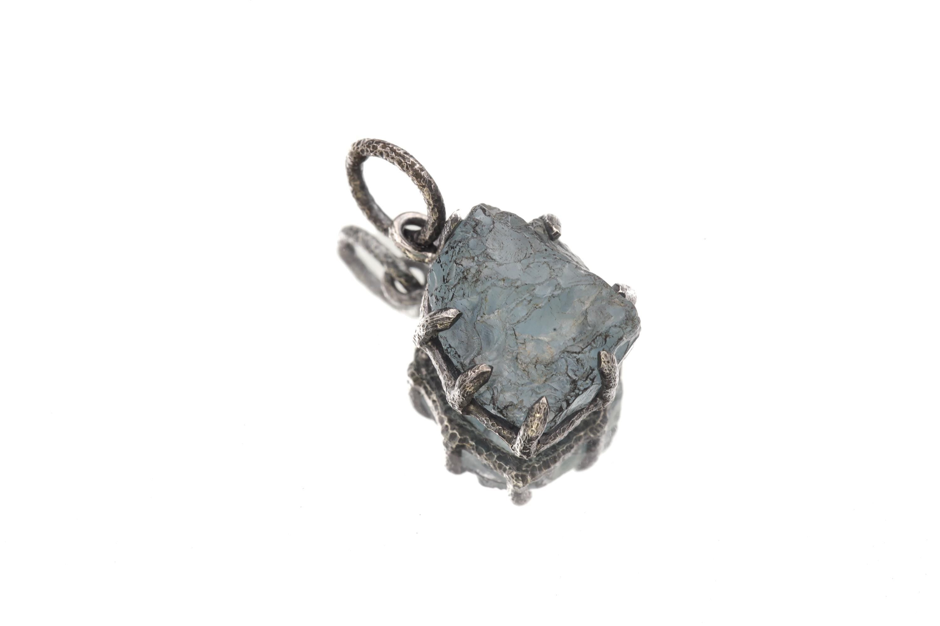 Dark Blue Facet Grade Natural Gem Aquamarine Chunk Pendant Sterling Silver Claw Setting, Hammer Texture, Oxidized Finish, March Birthstone