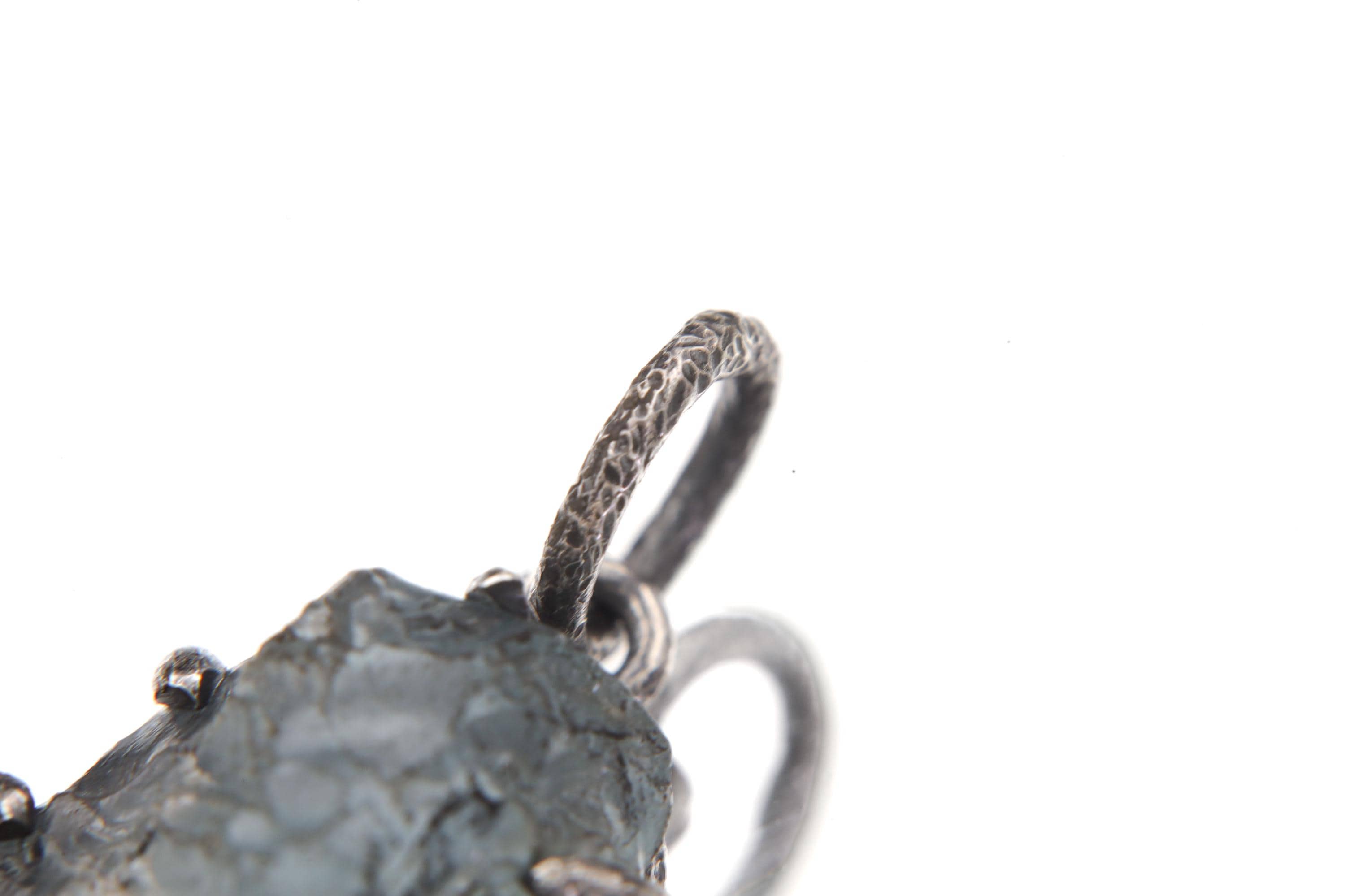 Dark Blue Facet Grade Natural Gem Aquamarine Chunk Pendant Sterling Silver Claw Setting, Hammer Texture, Oxidized Finish, March Birthstone