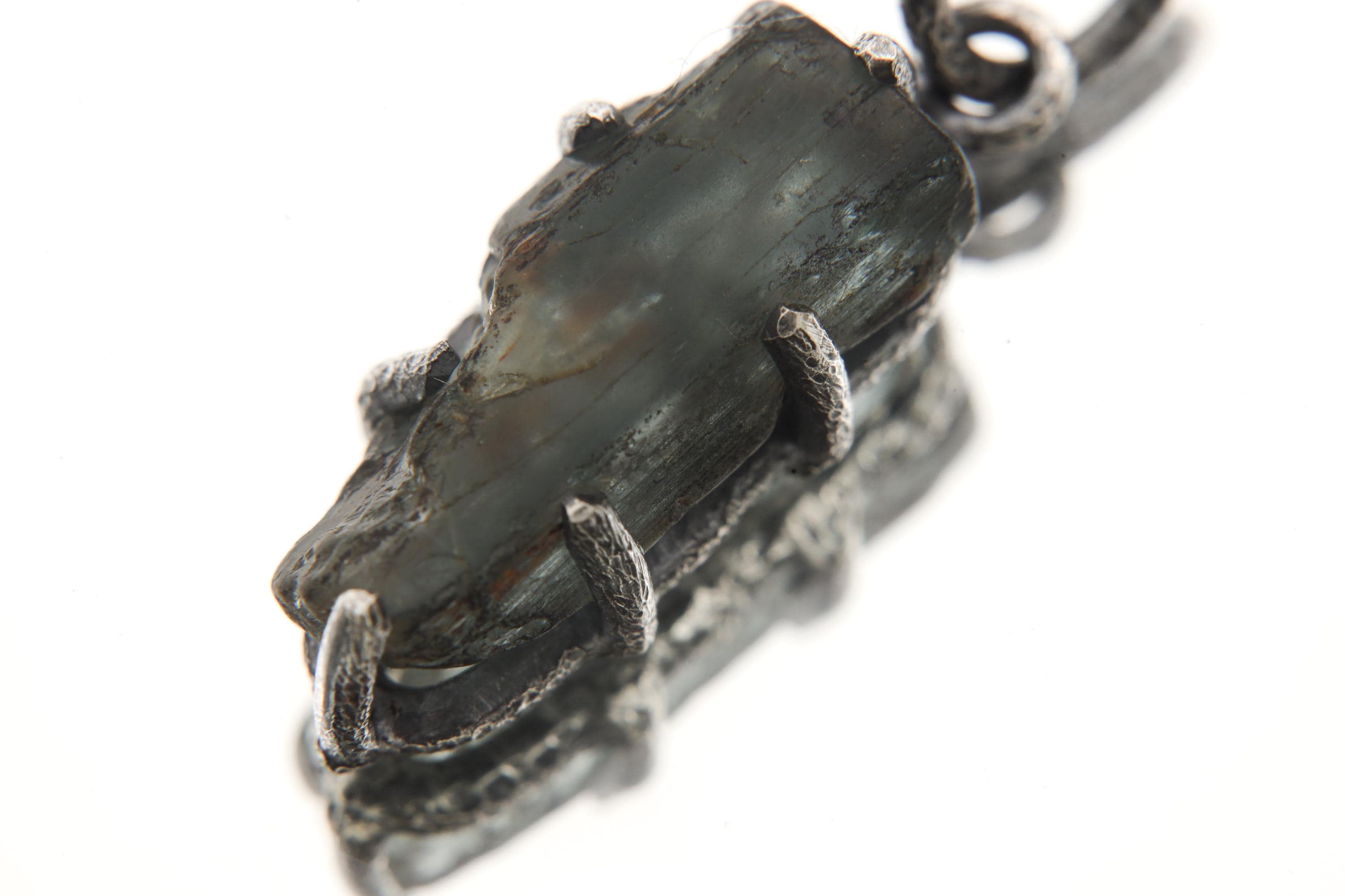 Raw Blue Tourmaline Pendant, Oxidized Sterling Silver Claw Setting