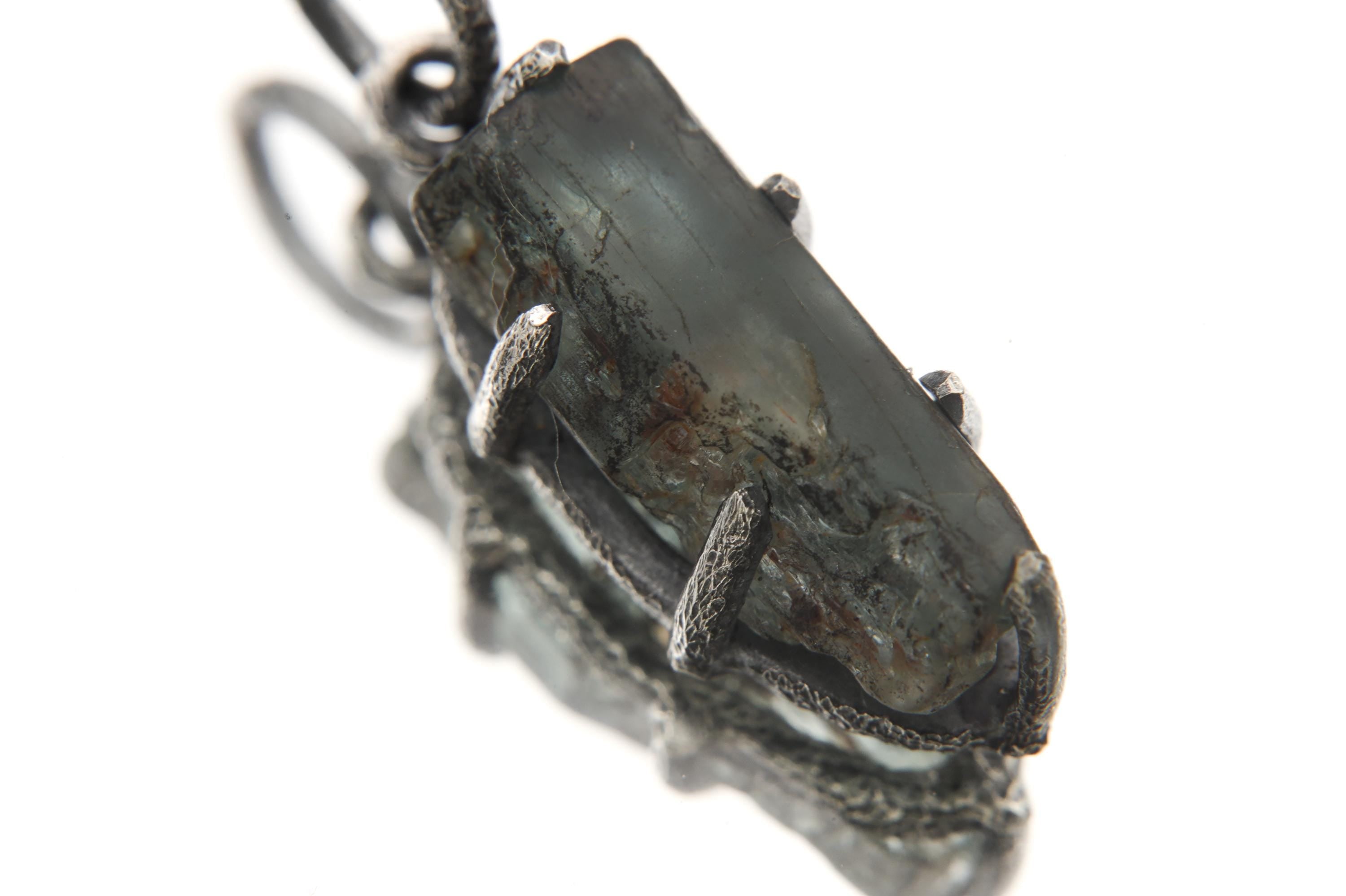 Raw Blue Tourmaline Pendant Sterling Silver Claw Setting Hammered Oxidized Frame High Grade Crystal Talisman Throat Chakra Jewelry