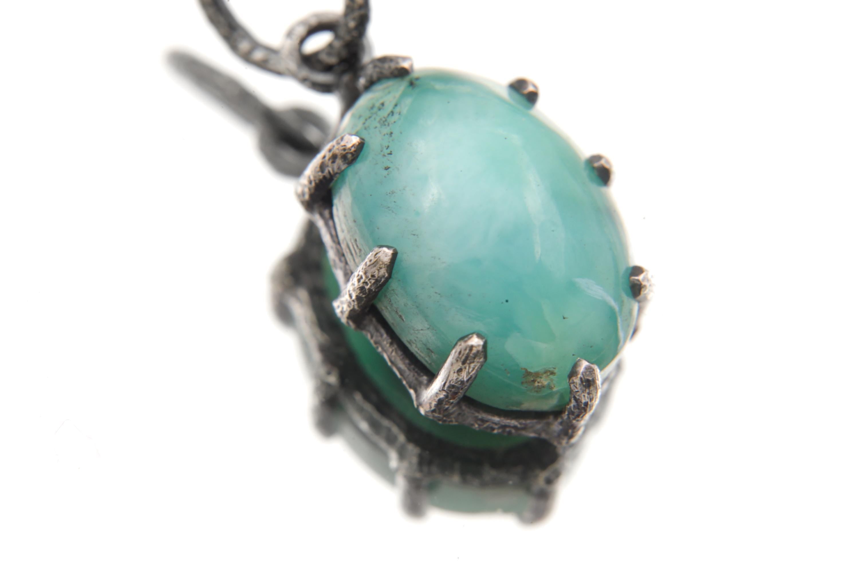 AAA Grade Oval Larimar (Pectolite) Cabochon Pendant, 925 Sterling Silver, Hammer Textured Oxidized Claw Setting, Calming Ocean Energy