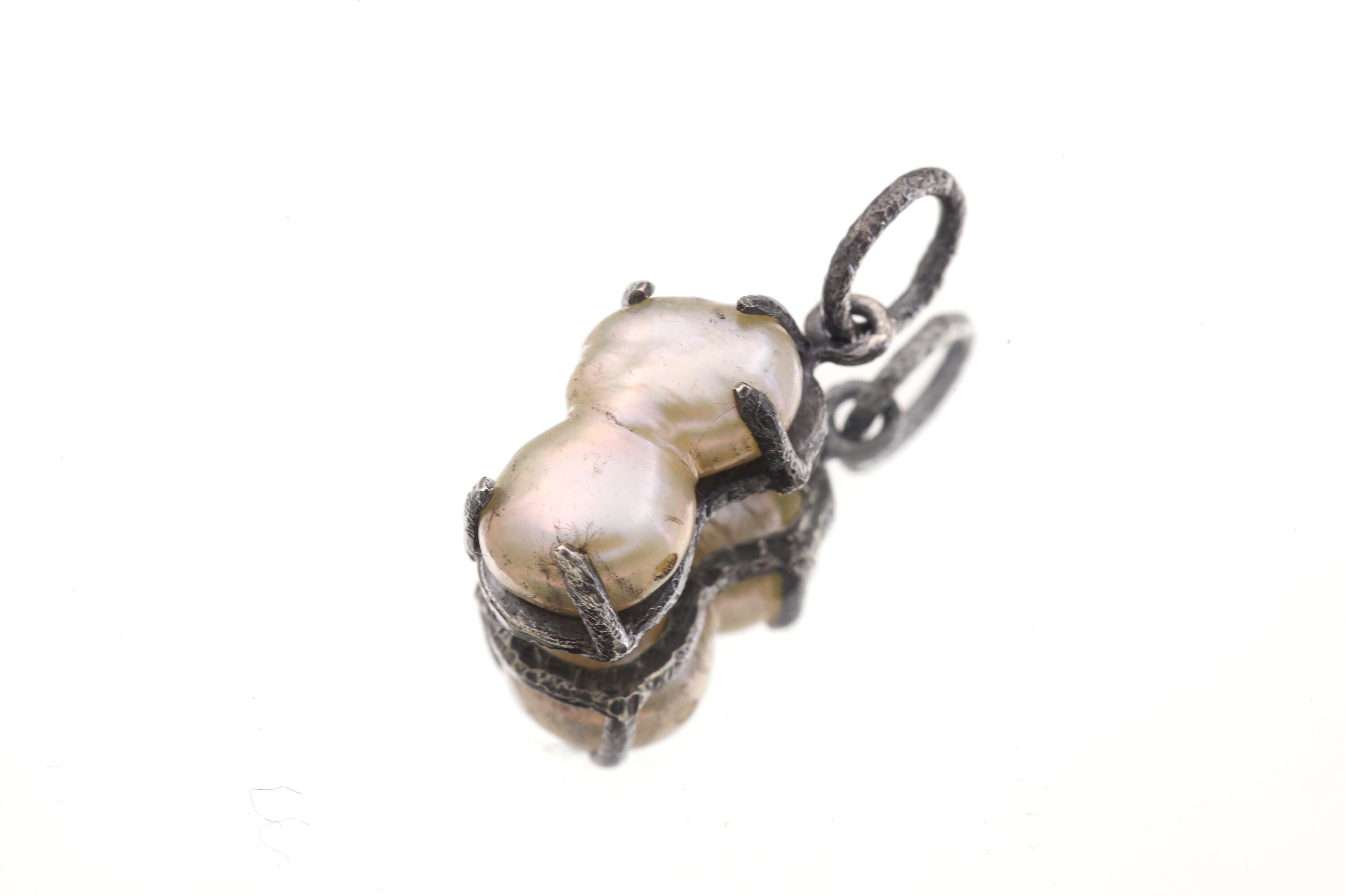 Twin Pearl Pendant, Baroque 925 Oxidized Silver, June Birthstone