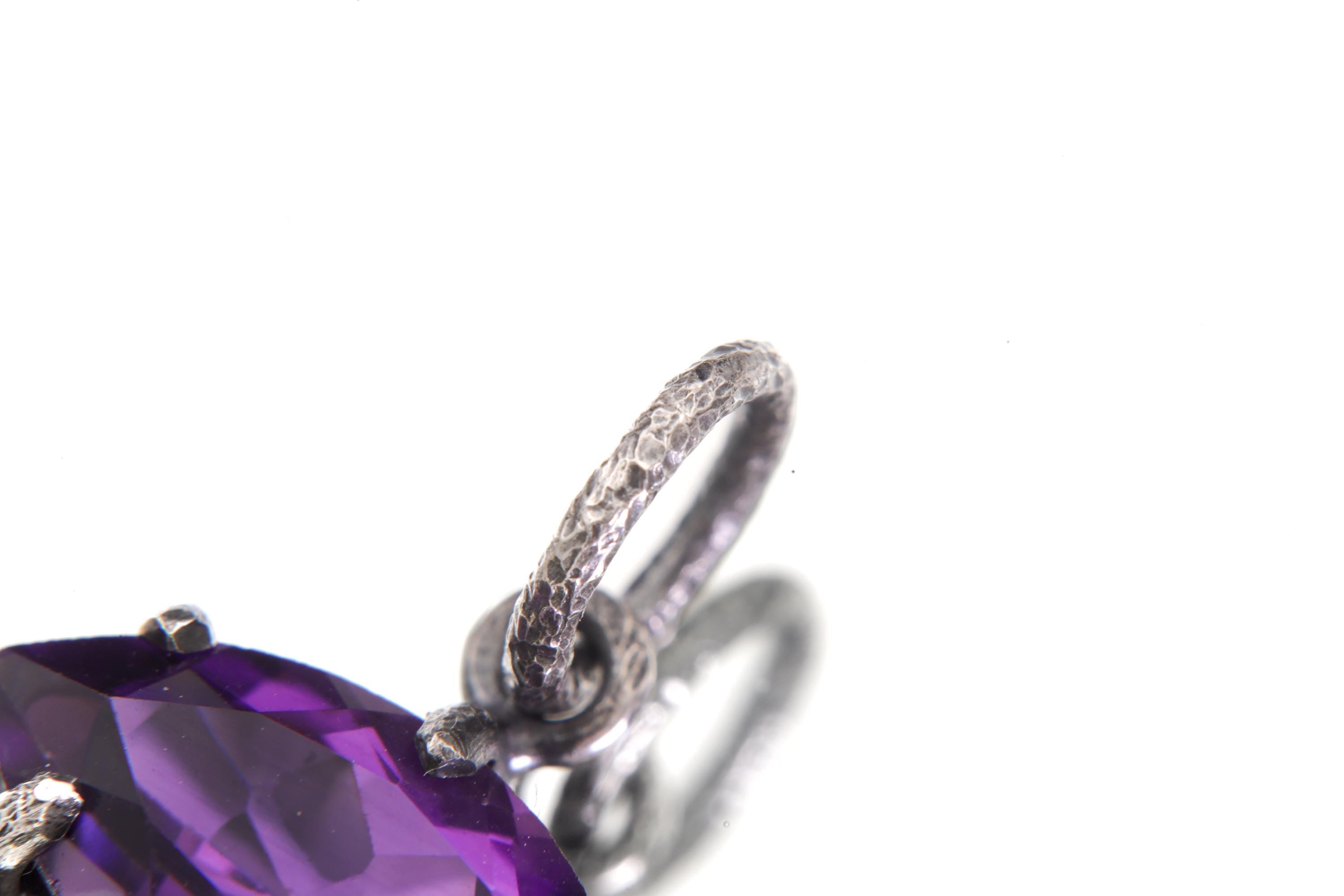 Facet Cut Eye Shaped Natural High Grade Dark Purple Amethyst 925 Silver Oxidized Hammer Texture Healing Crystal Jewelry, Crown Chakra Gift