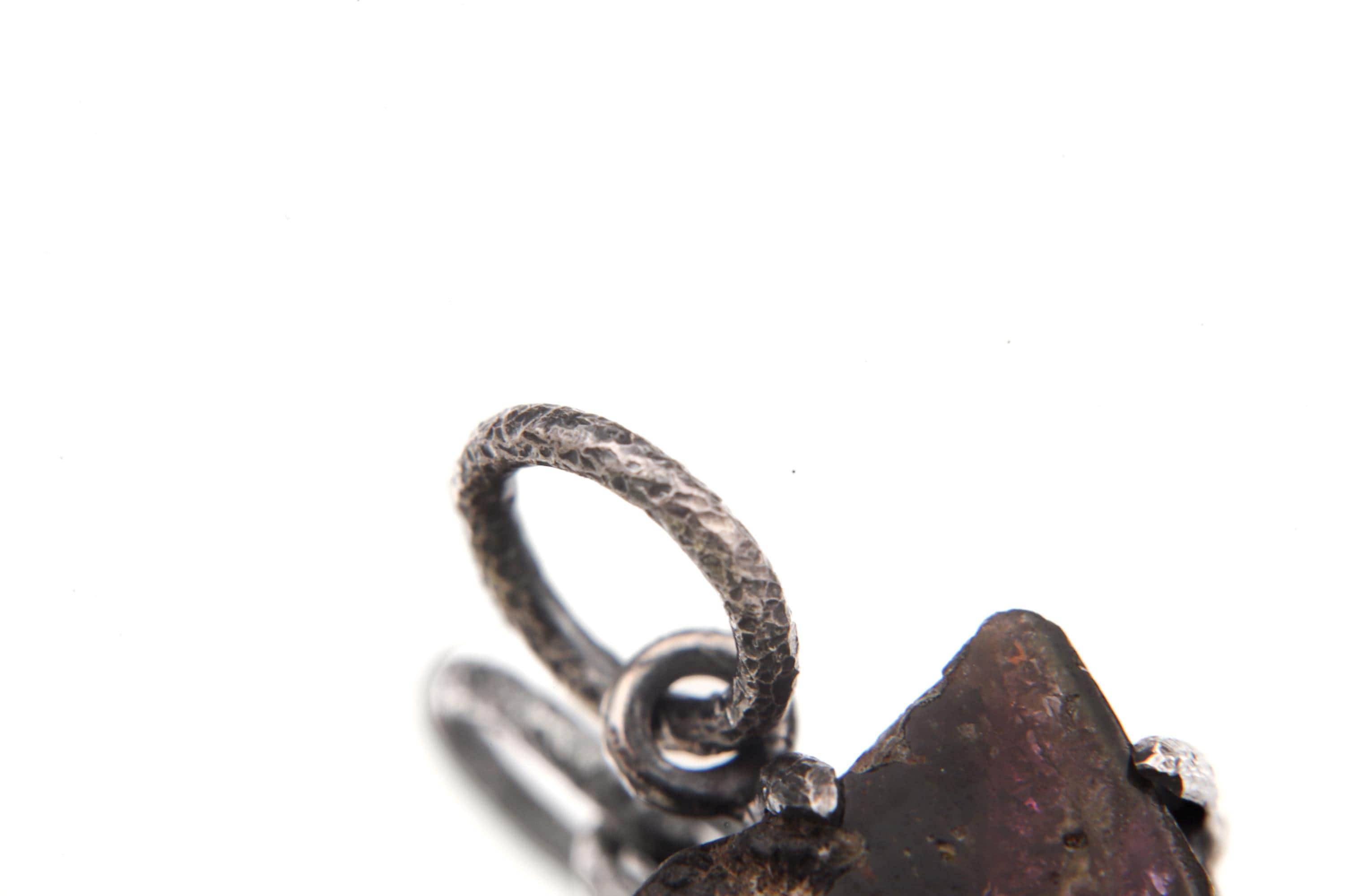 Polished slice of Natural Gem Pink Tourmaline (Rubellite) Wand Pendant, 925 Sterling Silver, Oxidized Hammer Texture, Crystal Jewelry Gift