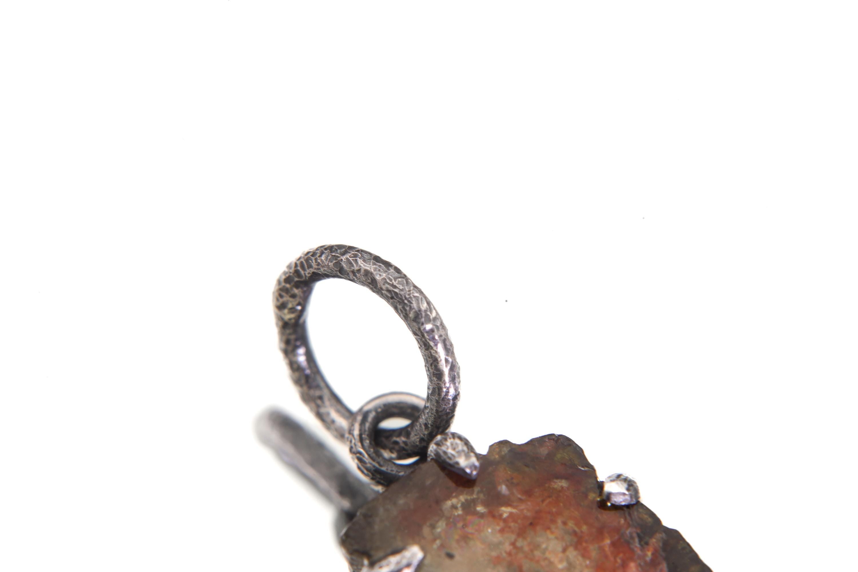 Polished Slice of Natural Watermelon Tourmaline Wand with Darker Rind Pendant, 925 Sterling Silver, Hammer Textured Oxidized, Claw Setting