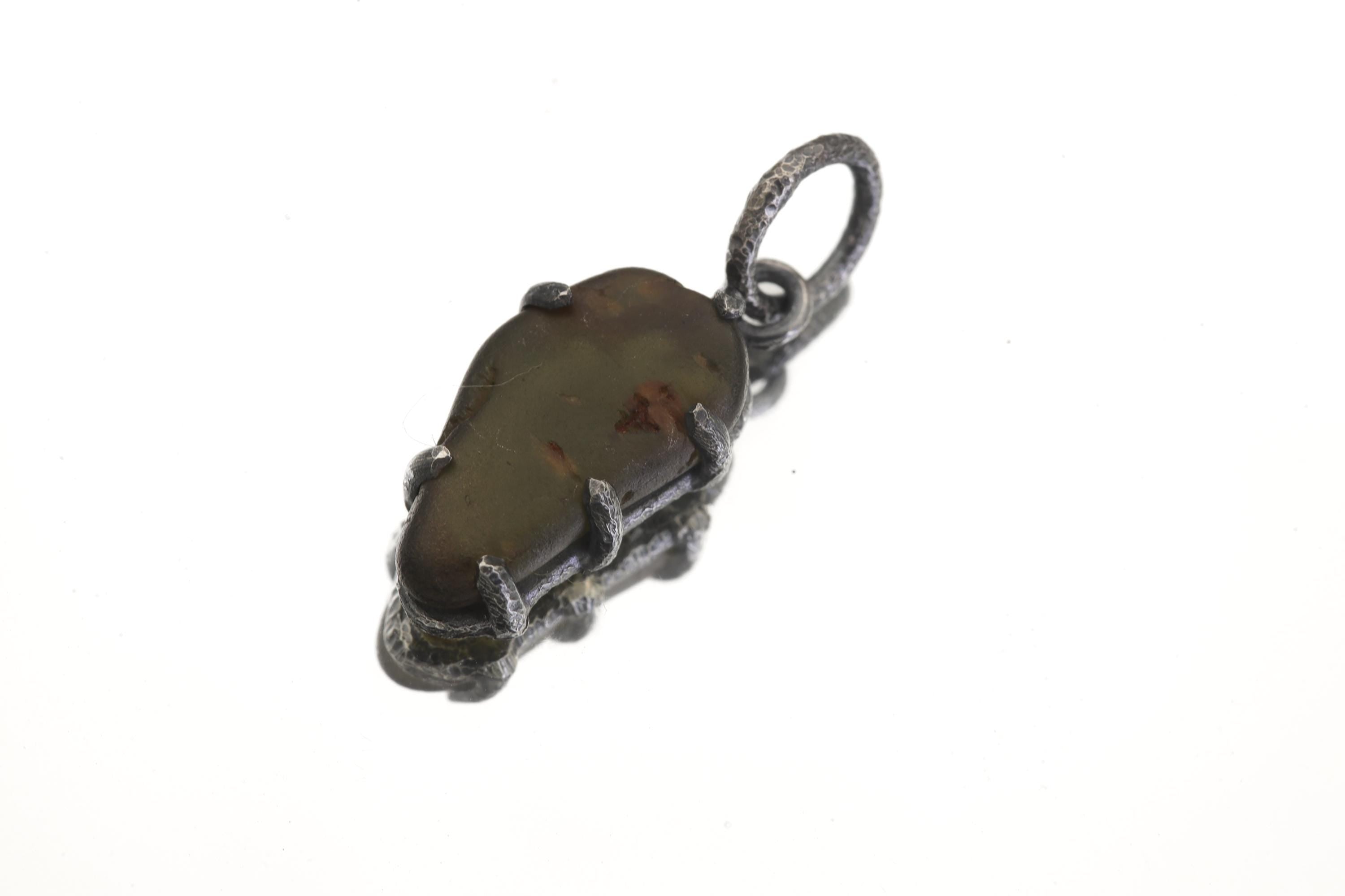 Australian River Tumbled Natural Gem Peridot Pendant, Sterling Silver,Claw Setting, Hammer Textured Oxidized Finish, Heart Chakra Jewelry