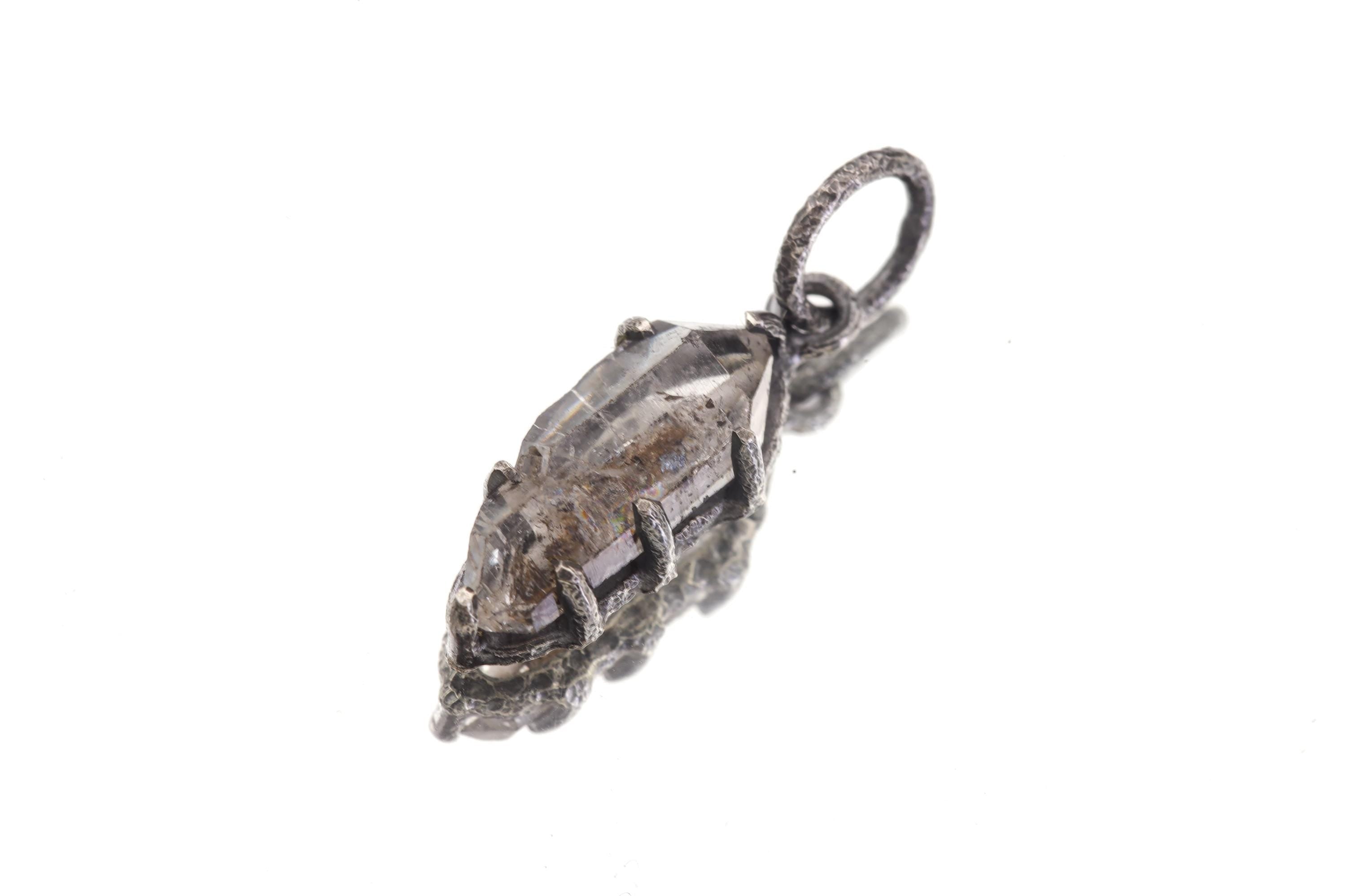 Tibetan Double Terminated Anhydro Carbon Inclusion Quartz Specimen Pendant, 925 Silver, Raw Crystal Third Eye & Crown Chakra Talisman Gift
