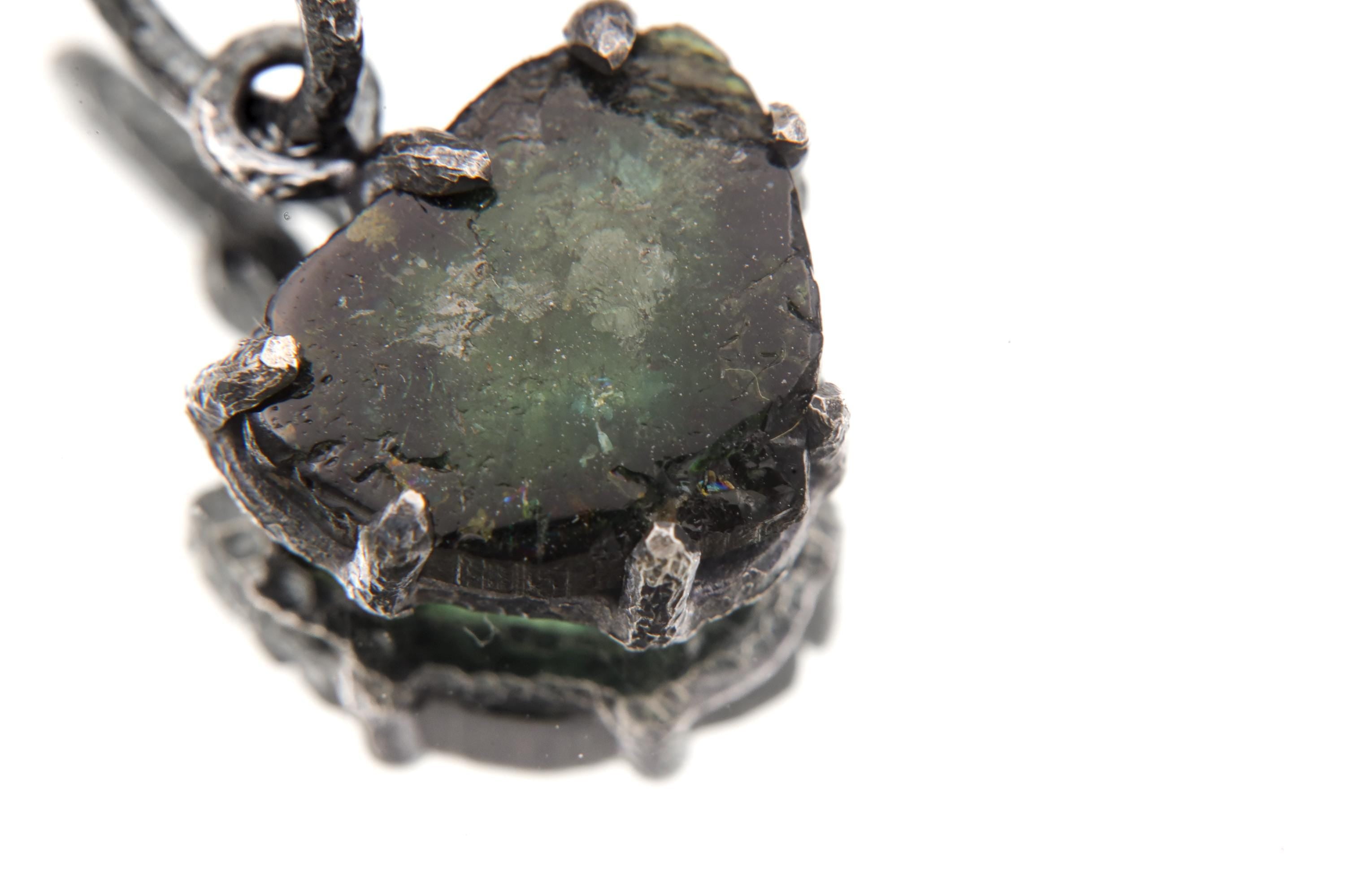 Polished Slice of Natural Green Tourmaline Wand with Darker rind Pendant, 925 Silver Claw Setting, Oxidized Finish, Hammered Textured