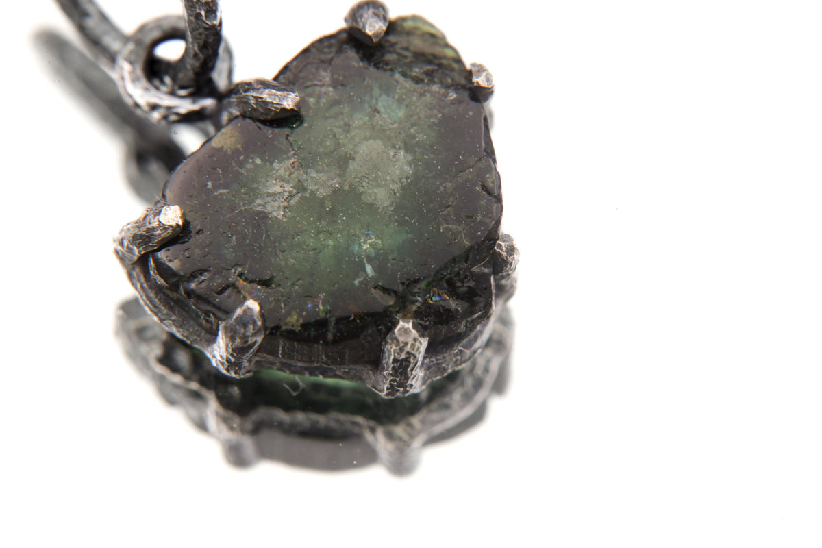 Polished Slice of Natural Green Tourmaline Wand with Darker rind Pendant, 925 Silver Claw Setting, Oxidized Finish, Hammered Textured