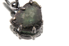 Polished Slice of Natural Green Tourmaline Wand with Darker rind Pendant, 925 Silver Claw Setting, Oxidized Finish, Hammered Textured