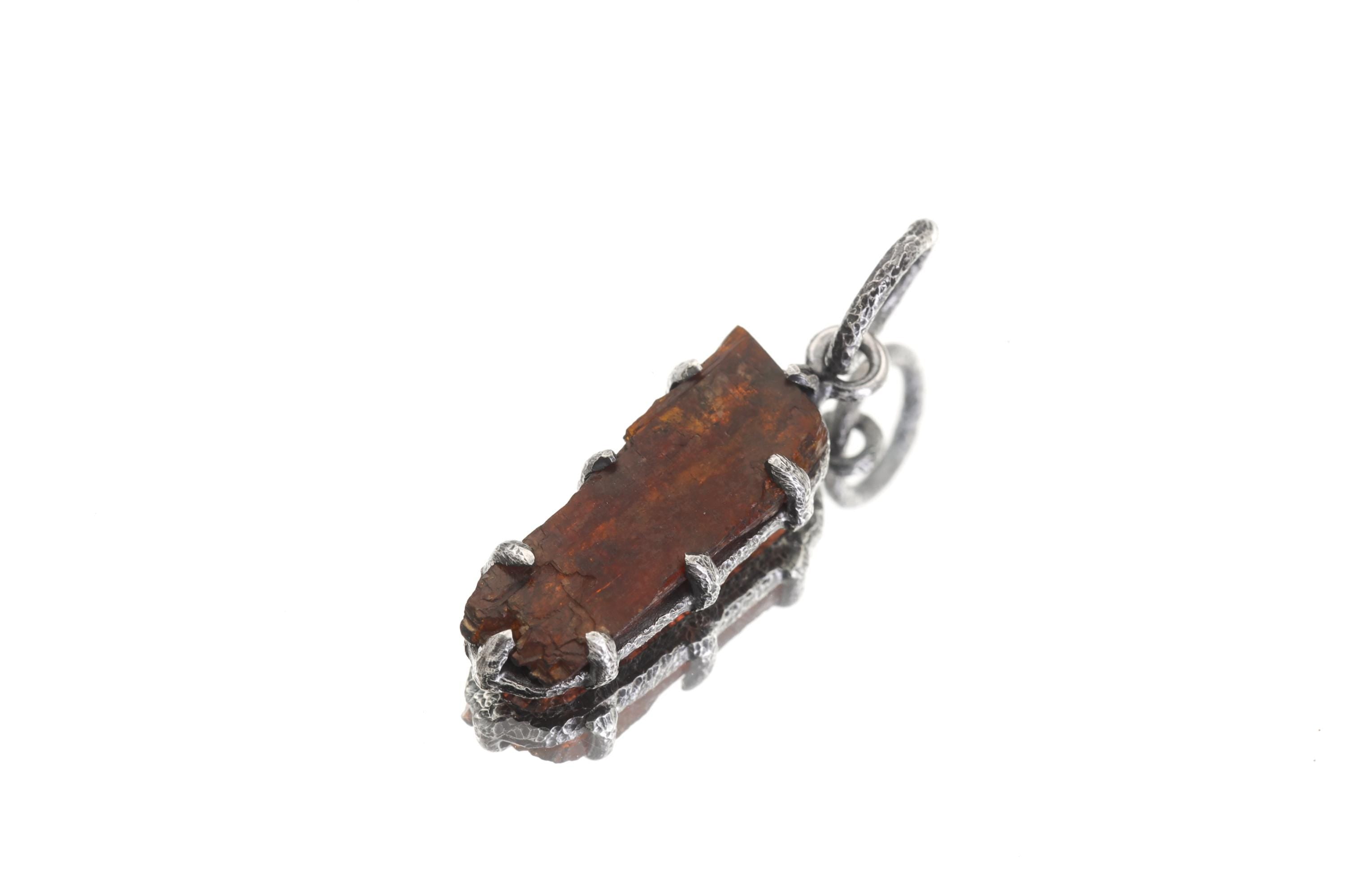 Tabular Gem Orange Kyanite Specimen Pendant, 925 Silver, Root Chakra Healing Stone, Boho Statement Pendant, Oxidized Hammer Finish