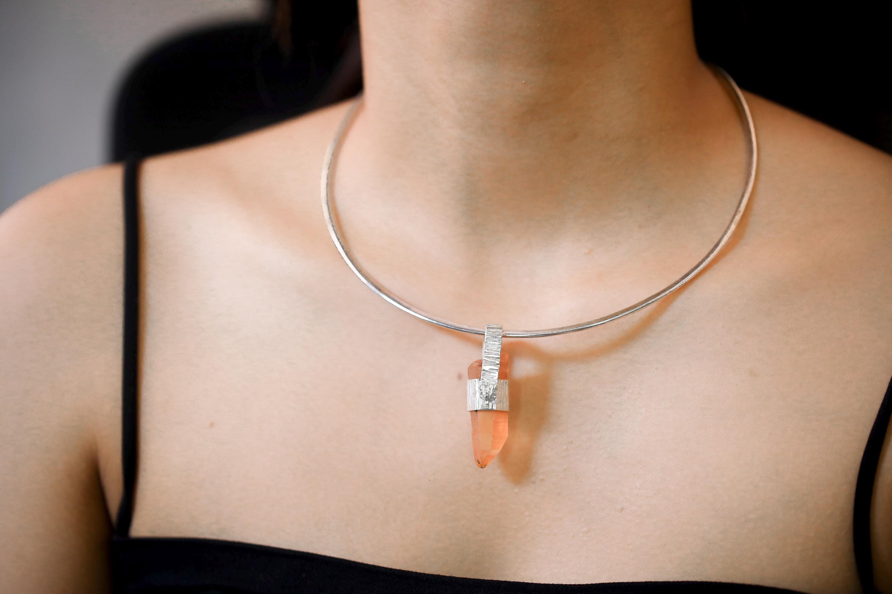 Australian Lemurian Quartz Pendant 925 Sterling Silver Hammered Cap Orange Crystal Point Crown Chakra Gift