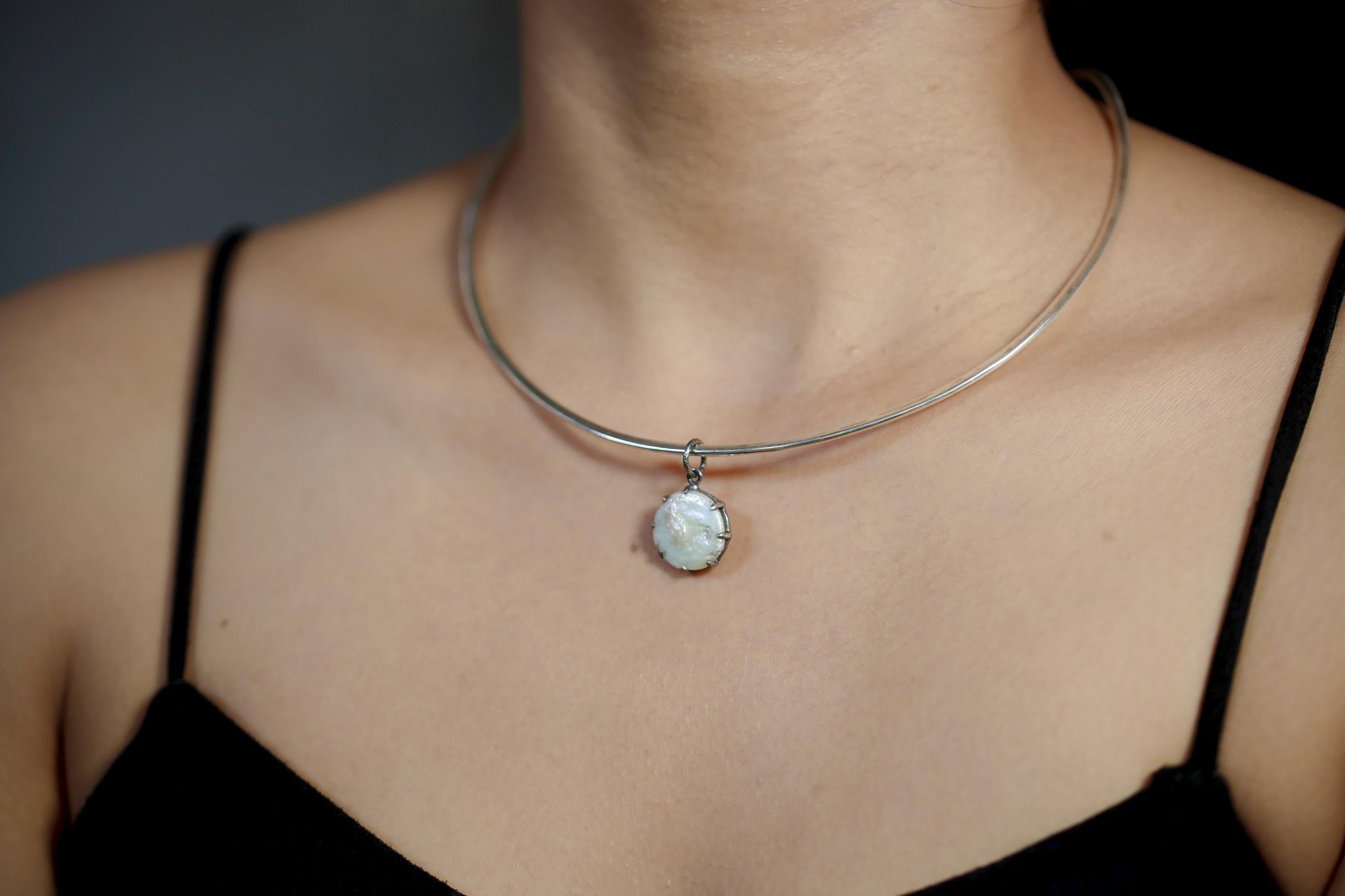 Round Pearl Disk Pendant, Natural Farmed Pearl, 925 Silver, Hammer Texture, Oxidized Finish, Moon Energy, June Birthstone Jewelry