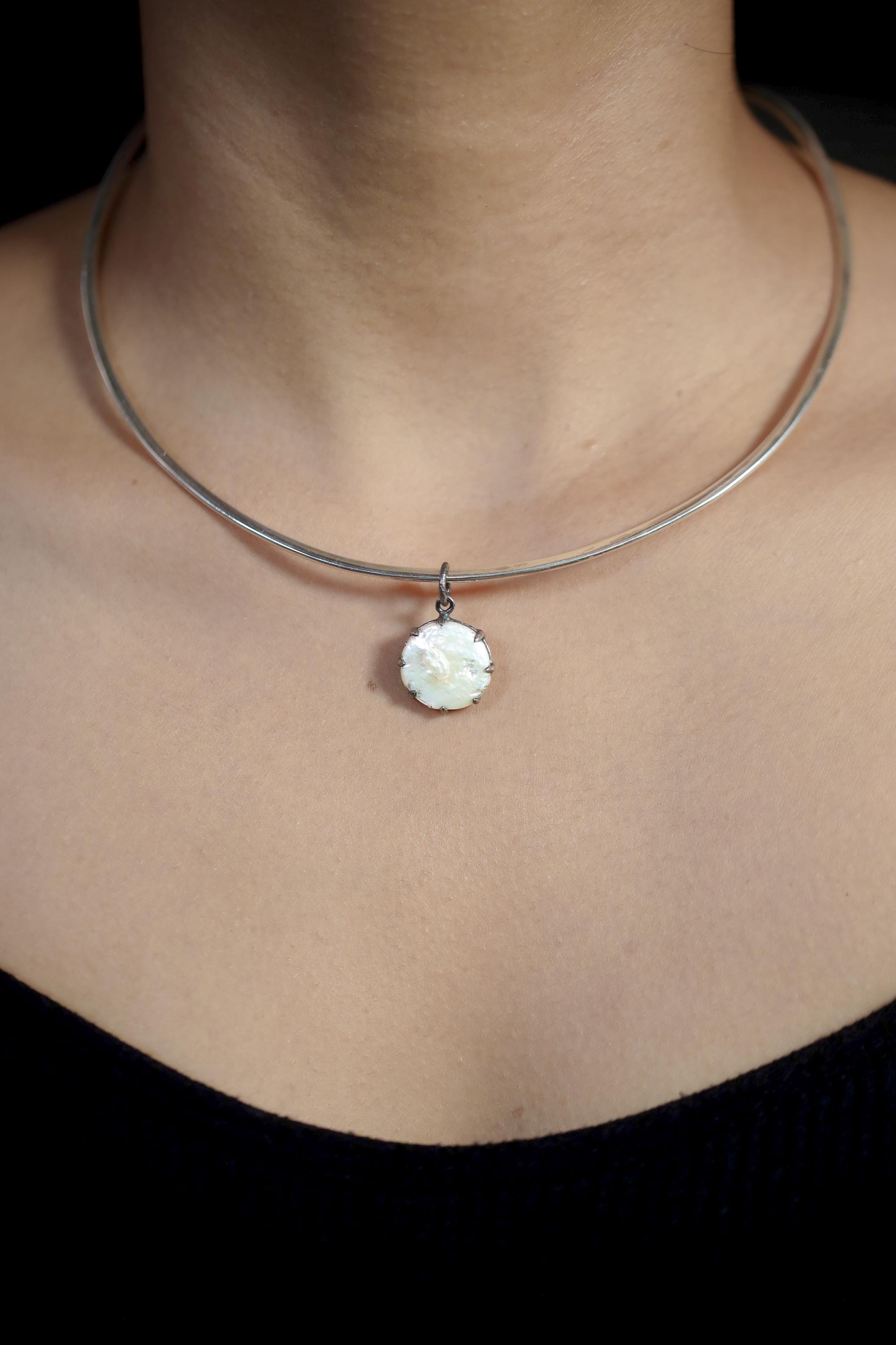 Round Pearl Disk Pendant, Natural Farmed Pearl, 925 Silver, Hammer Texture, Oxidized Finish, Moon Energy, June Birthstone Jewelry