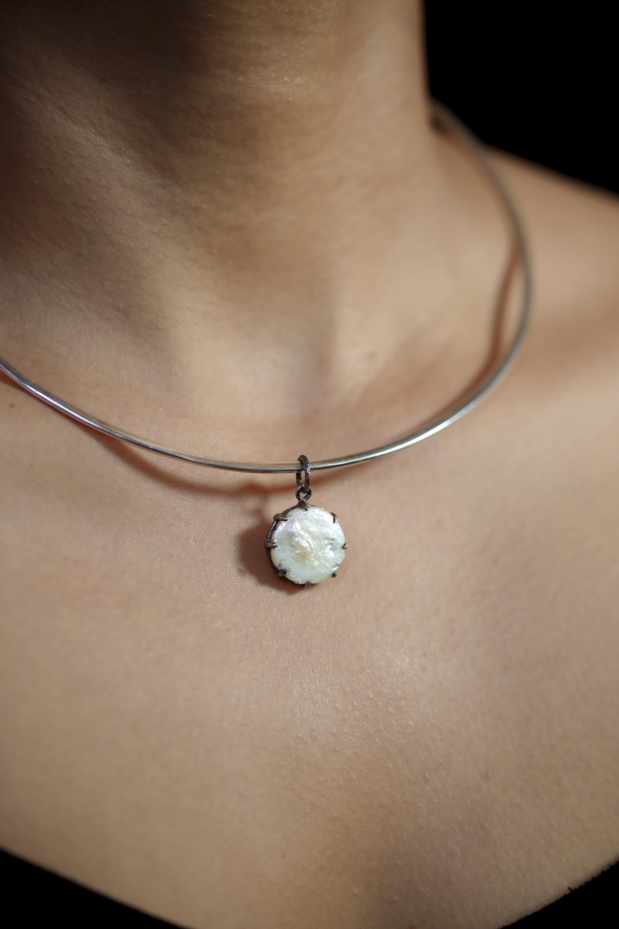 Hammered Sterling Silver Pearl Pendant, Oxidized Finish, June Birthstone