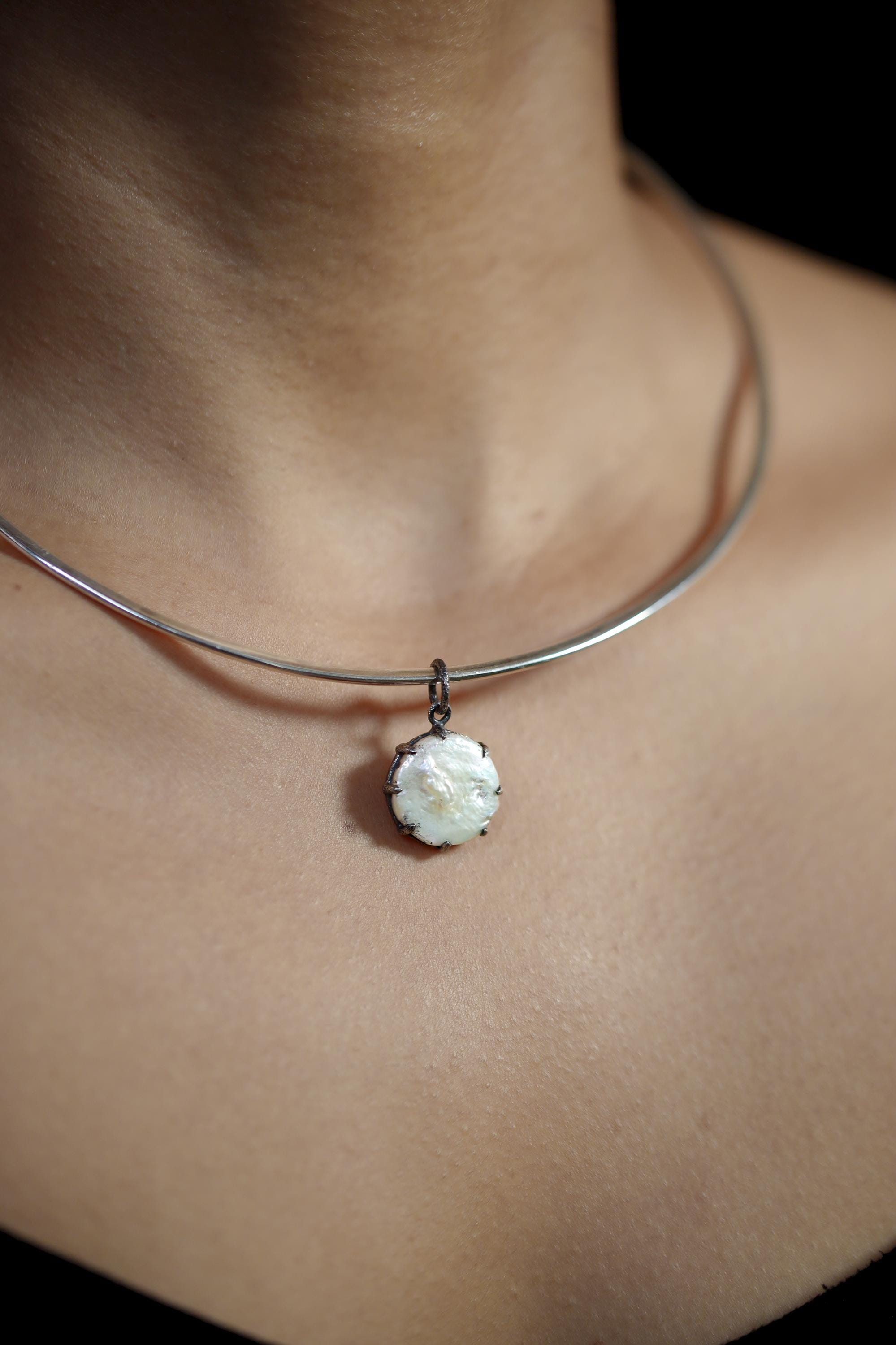 Round Pearl Disk Pendant, Natural Farmed Pearl, 925 Silver, Hammer Texture, Oxidized Finish, Moon Energy, June Birthstone Jewelry