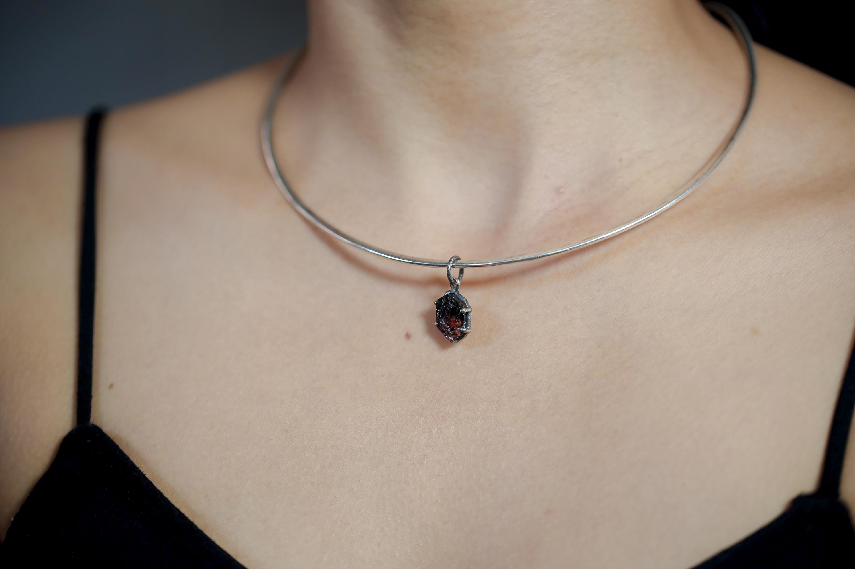 Hexagonal Polished Slice of Natural Pink Tourmaline wand specimen Pendant 925 Sterling Silver Oxidized Claw Setting Unique Gift