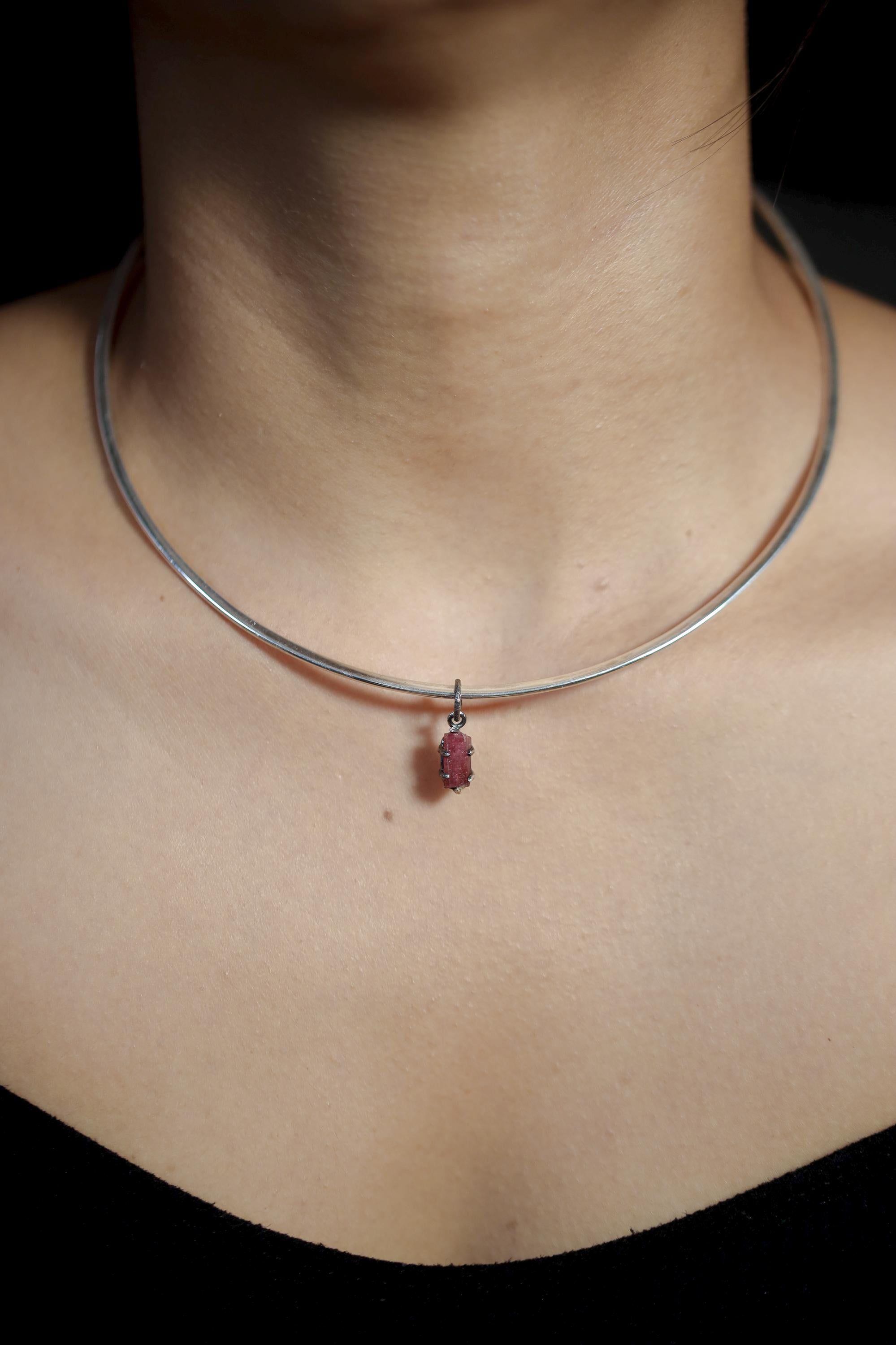 Rubellite Tourmaline Wand Pendant, Oxidized 925 Sterling Silver, Chakra Healing