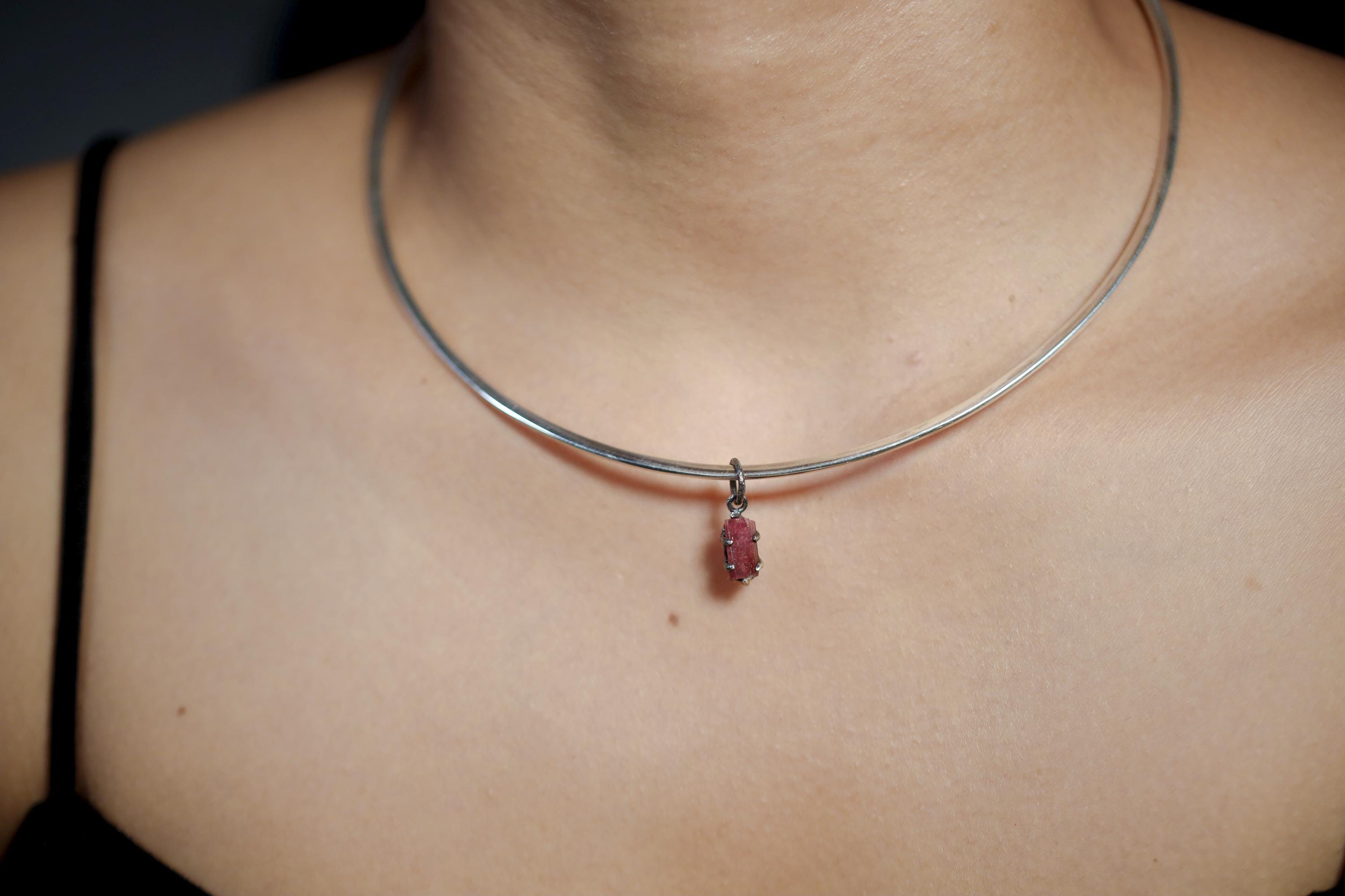 Natural Gem Pink Tourmaline Rubellite Wand Pendant, 925 Silver Claw Setting, Oxidized Finish, Root & Heart Chakra Healing Jewelry Gift