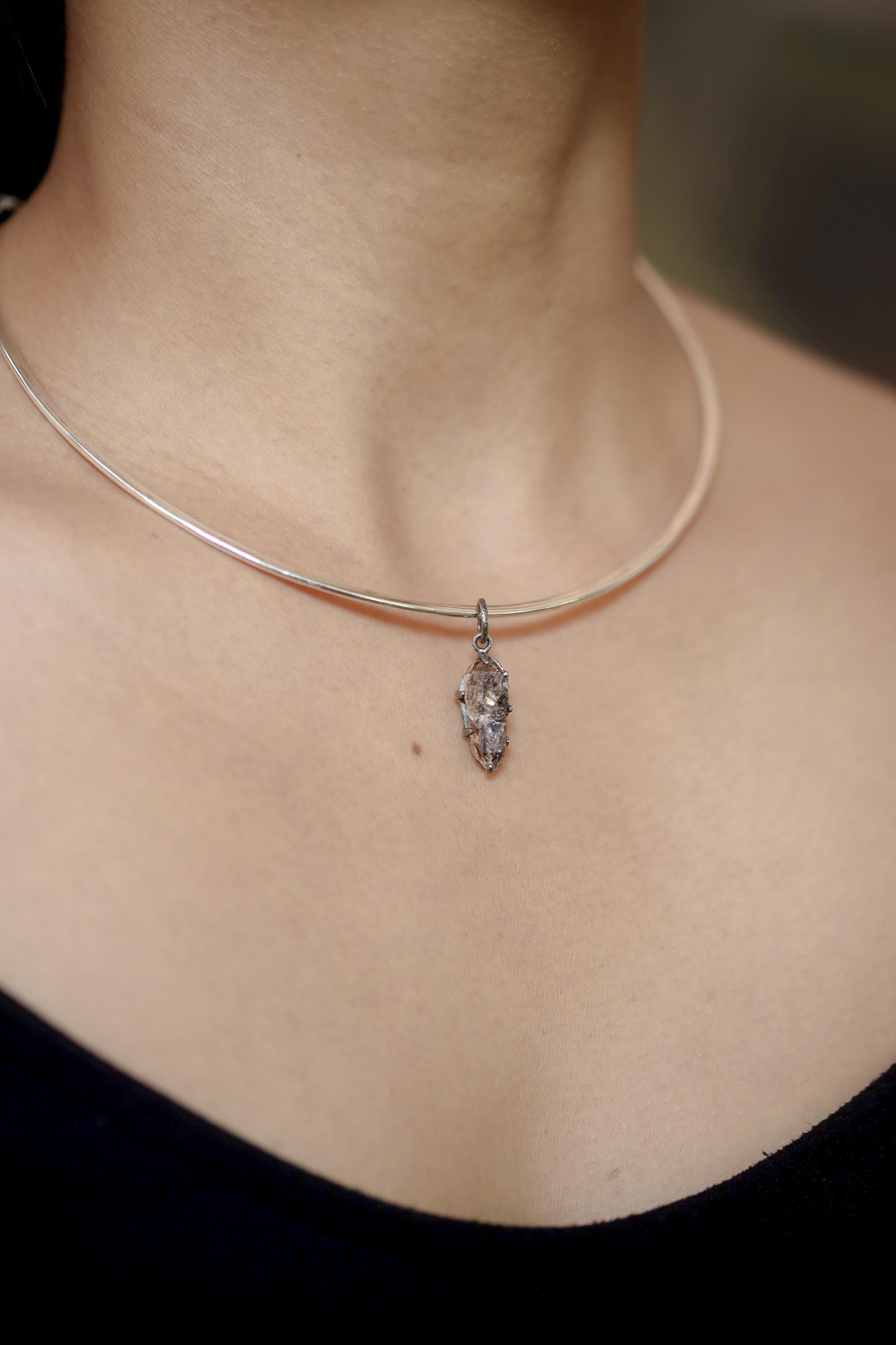 Tibetan Double Terminated Anhydro Carbon Inclusion Quartz Specimen Pendant, 925 Silver, Raw Crystal Third Eye & Crown Chakra Talisman Gift