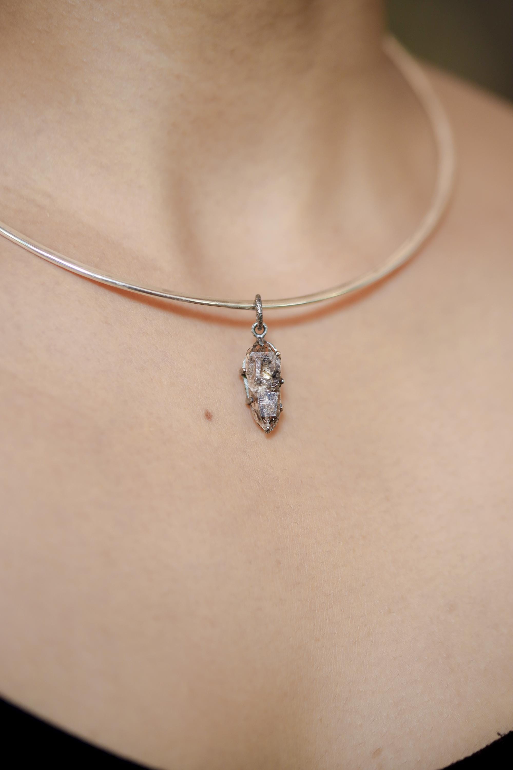 Tibetan Double Terminated Anhydro Carbon Inclusion Quartz Specimen Pendant, 925 Silver, Raw Crystal Third Eye & Crown Chakra Talisman Gift