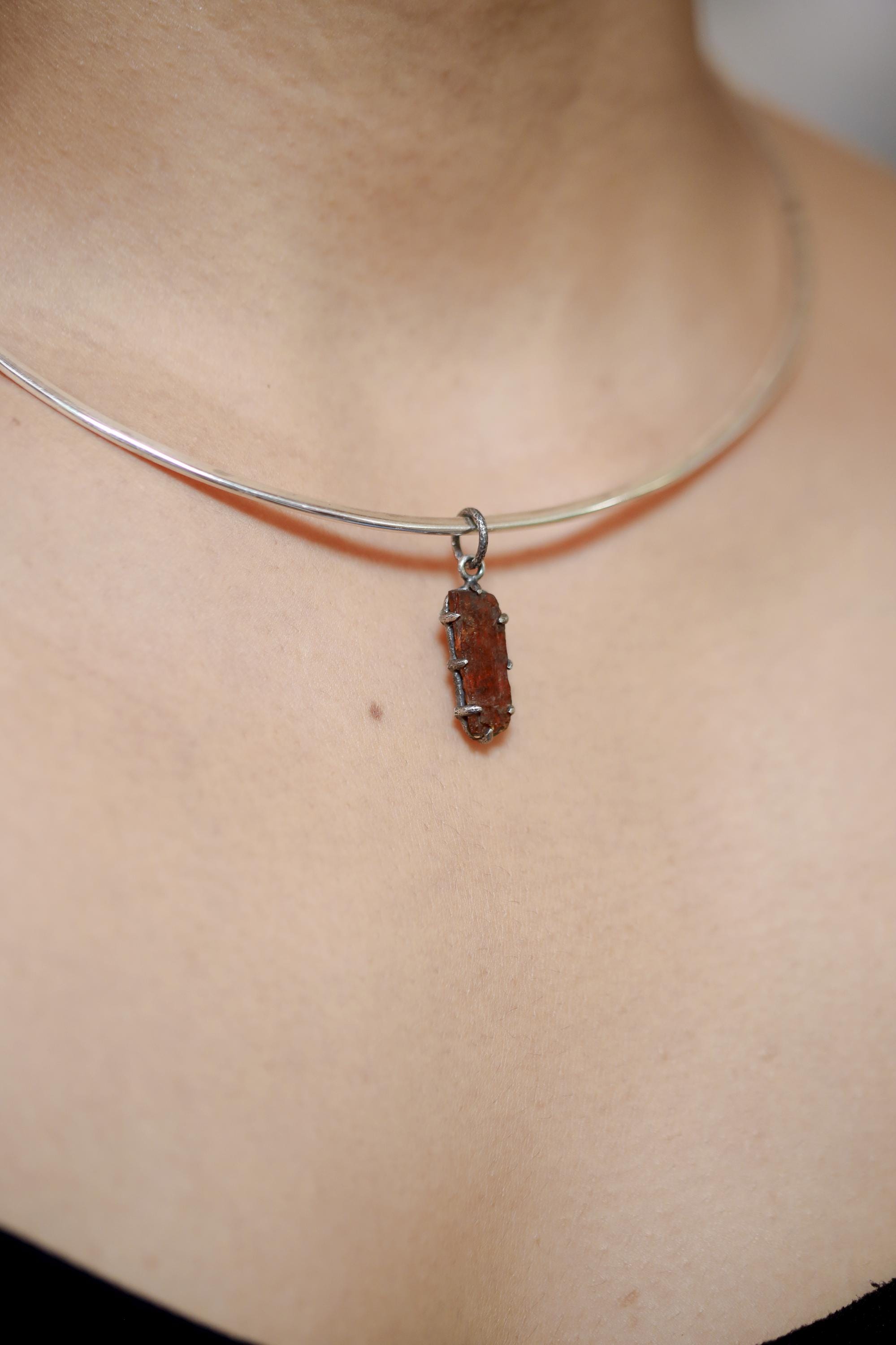 Tabular Gem Orange Kyanite Specimen Pendant, 925 Silver, Root Chakra Healing Stone, Boho Statement Pendant, Oxidized Hammer Finish