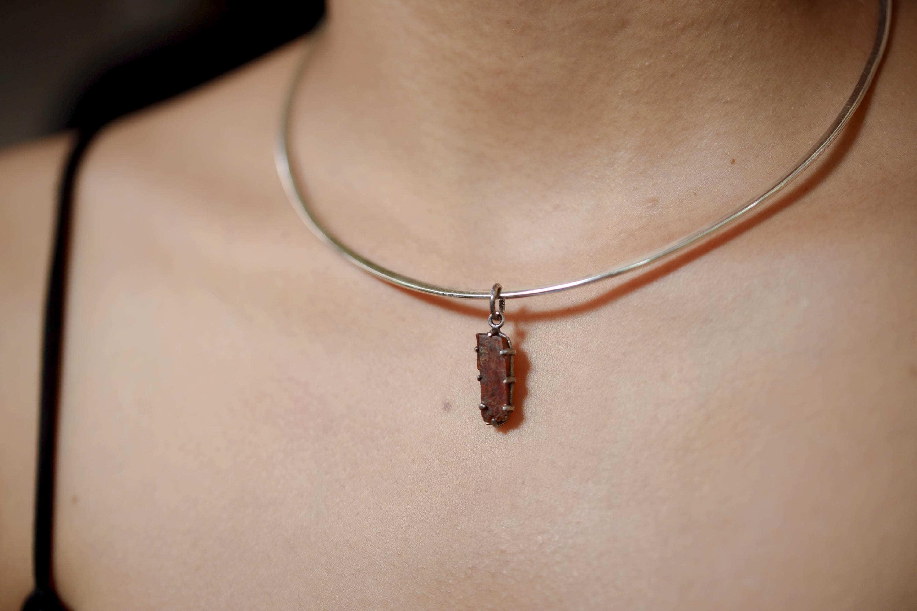 Tabular Gem Orange Kyanite Specimen Pendant, 925 Silver, Root Chakra Healing Stone, Boho Statement Pendant, Oxidized Hammer Finish