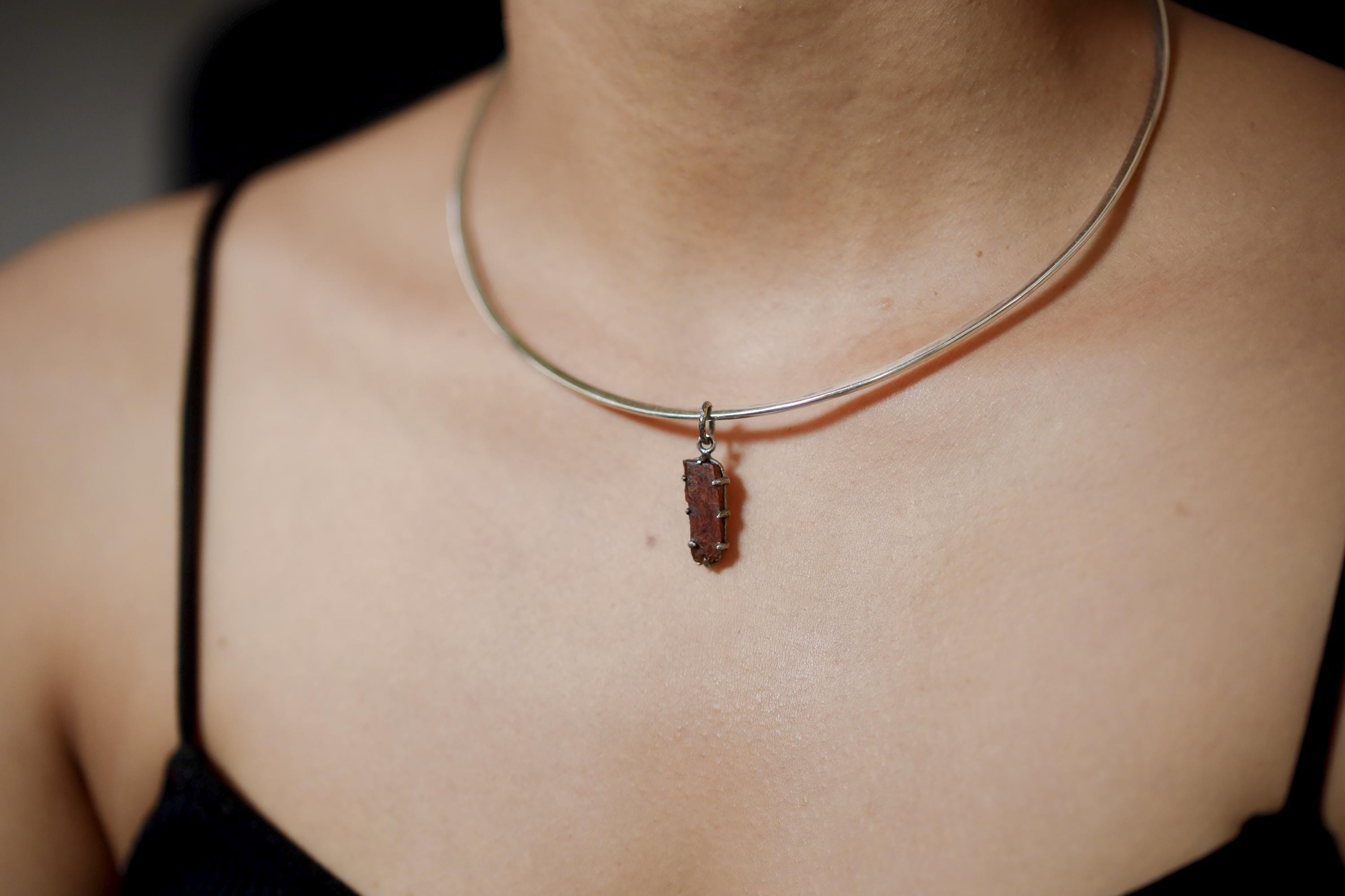 Tabular Gem Orange Kyanite Specimen Pendant, 925 Silver, Root Chakra Healing Stone, Boho Statement Pendant, Oxidized Hammer Finish