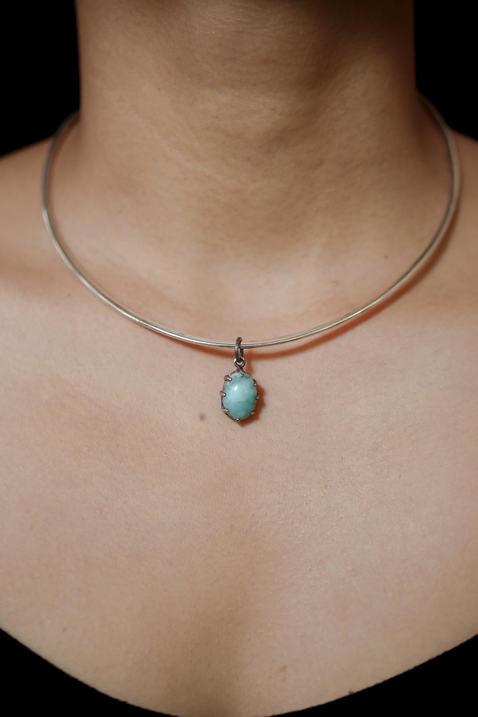 AAA Grade Oval Larimar (Pectolite) Cabochon Pendant, 925 Sterling Silver, Hammer Textured Oxidized Claw Setting, Calming Ocean Energy