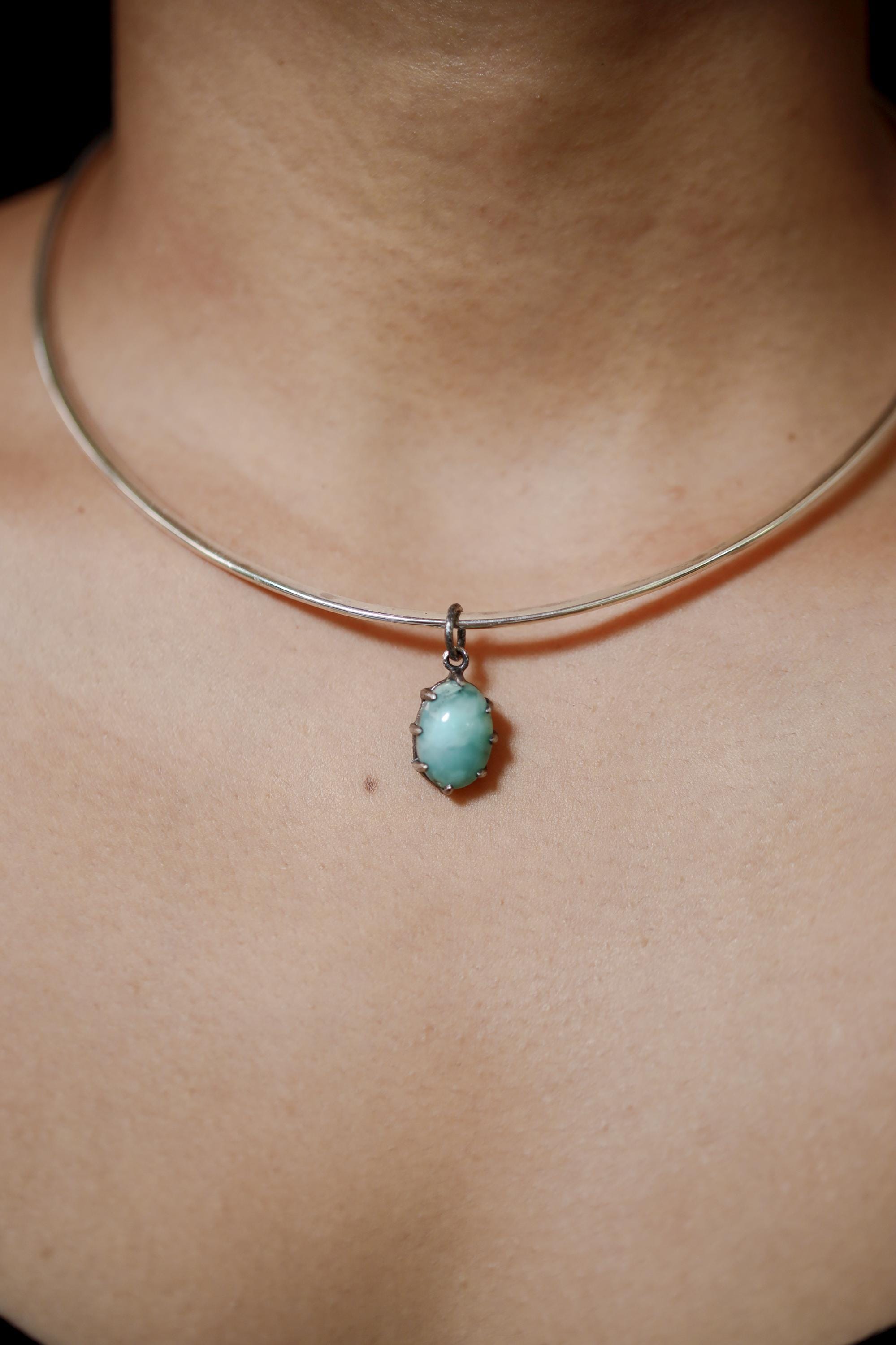 AAA Grade Oval Larimar (Pectolite) Cabochon Pendant, 925 Sterling Silver, Hammer Textured Oxidized Claw Setting, Calming Ocean Energy