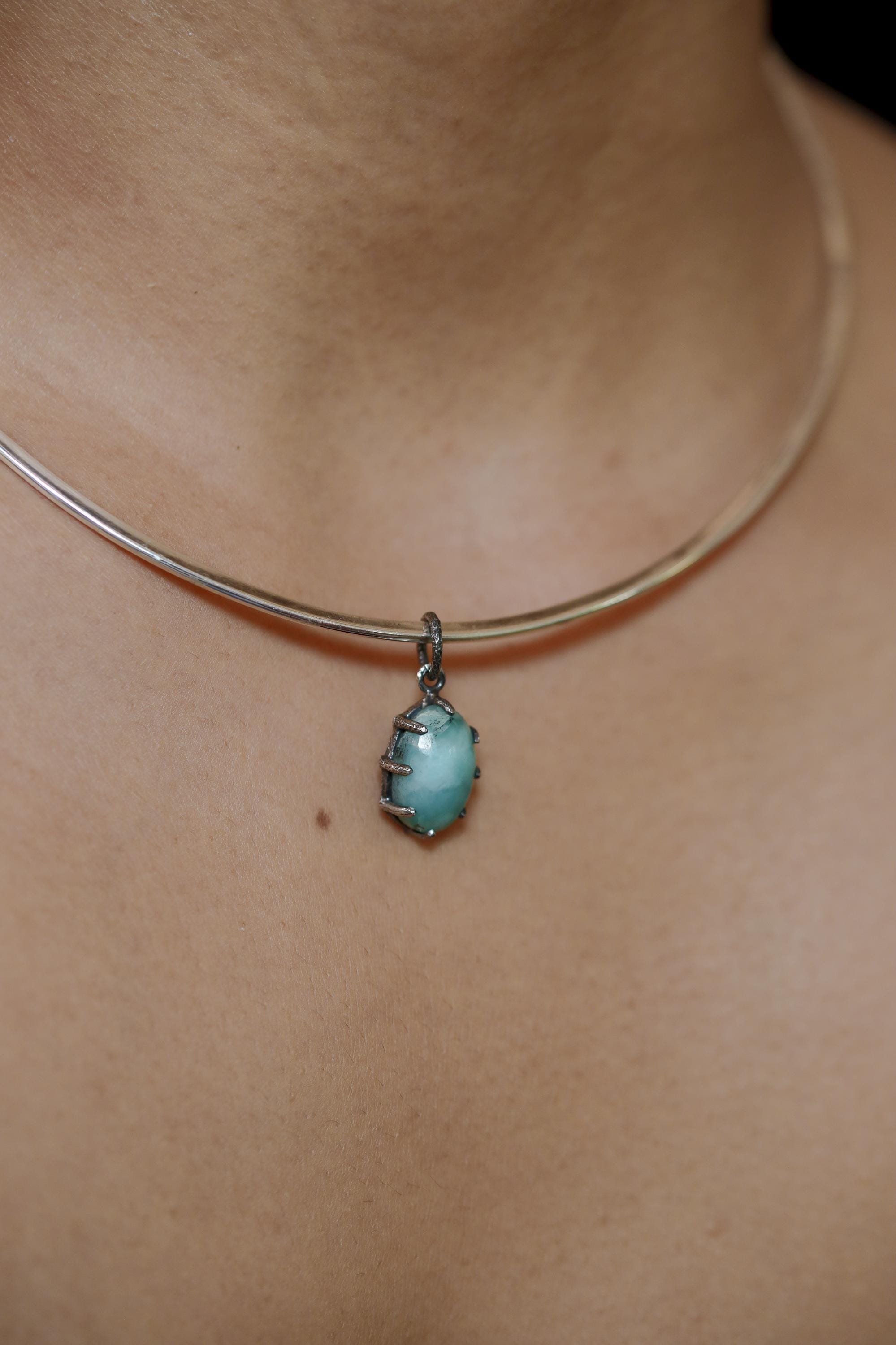 AAA Grade Oval Larimar (Pectolite) Cabochon Pendant, 925 Sterling Silver, Hammer Textured Oxidized Claw Setting, Calming Ocean Energy