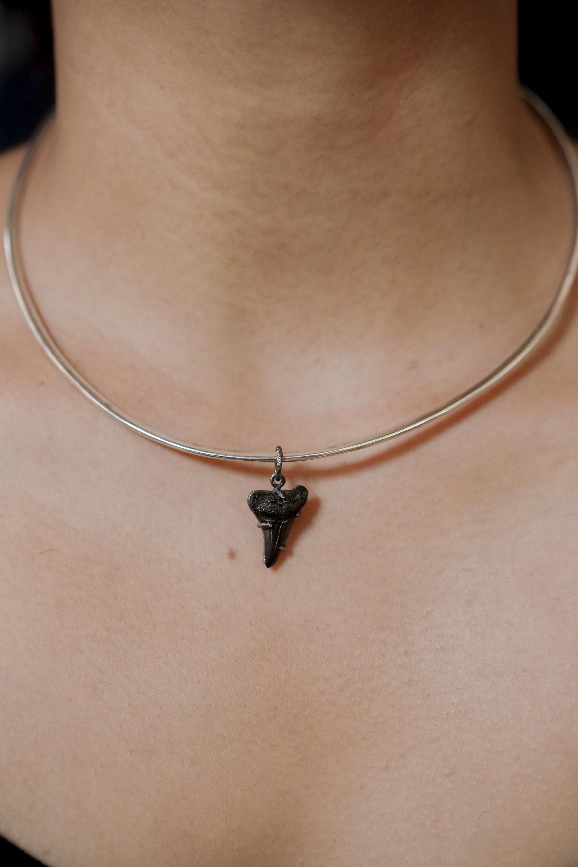 Megalodon Tooth Petrified Fossil Specimen Pendant, Sterling Silver Claw Setting, Oxidized Hammer Finish, Unique Fossil Jewelry Gift