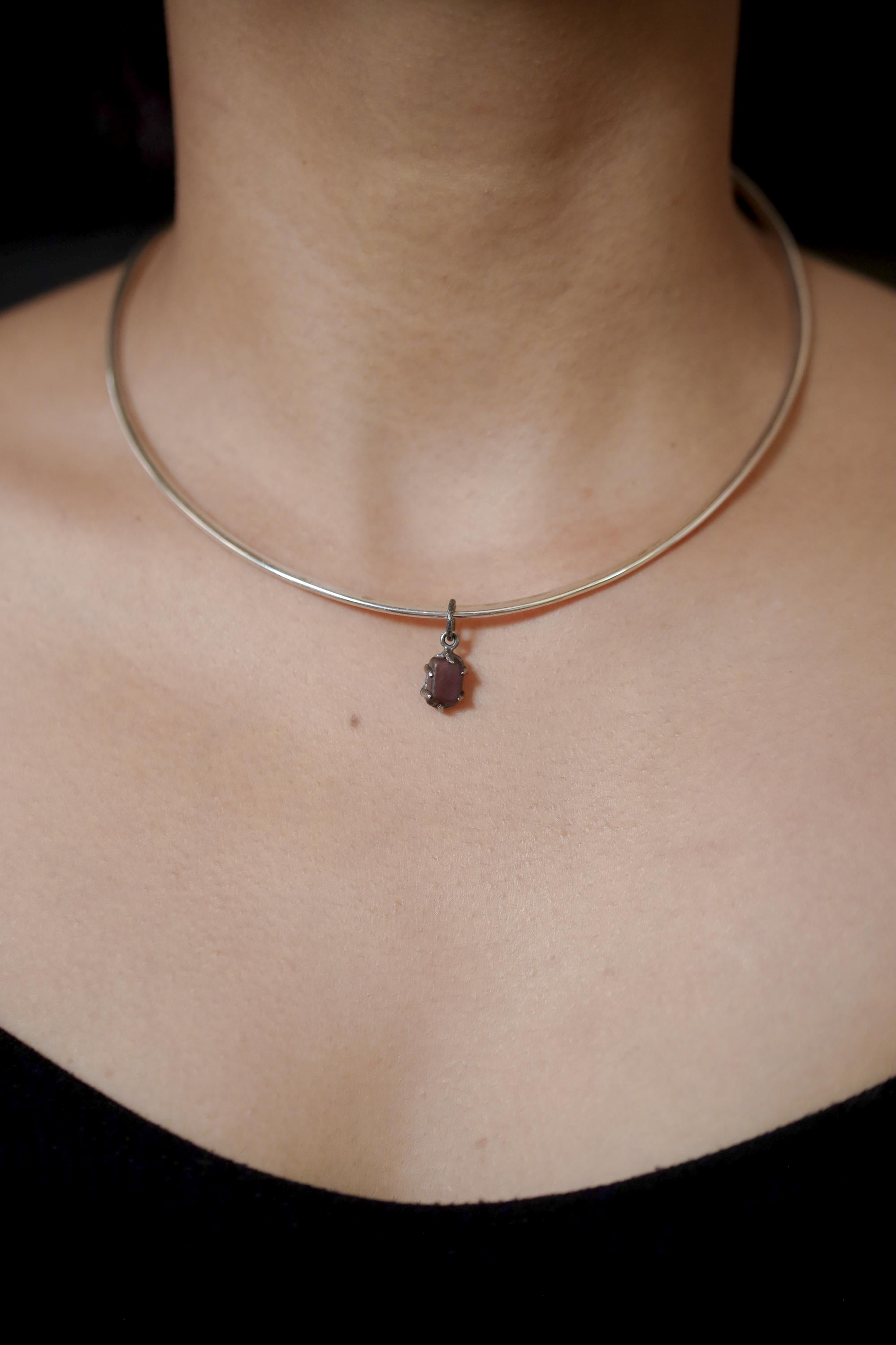 Semi Polished Facet Grade Natural Amethyst Cube Pendant, Sterling Silver Claw Frame, Hammer Textured Oxidized Healing Crystal Jewelry Gift