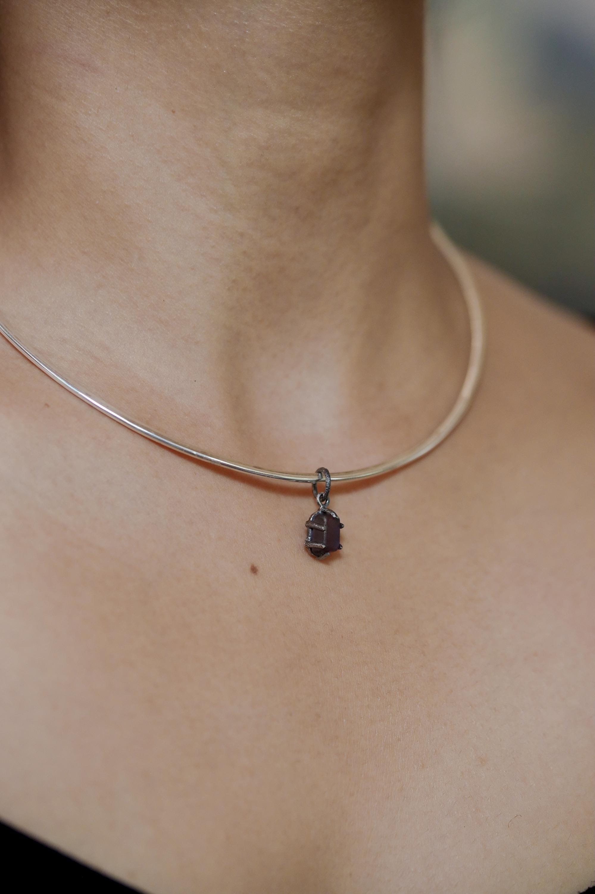 Semi Polished Facet Grade Natural Amethyst Cube Pendant, Sterling Silver Claw Frame, Hammer Textured Oxidized Healing Crystal Jewelry Gift