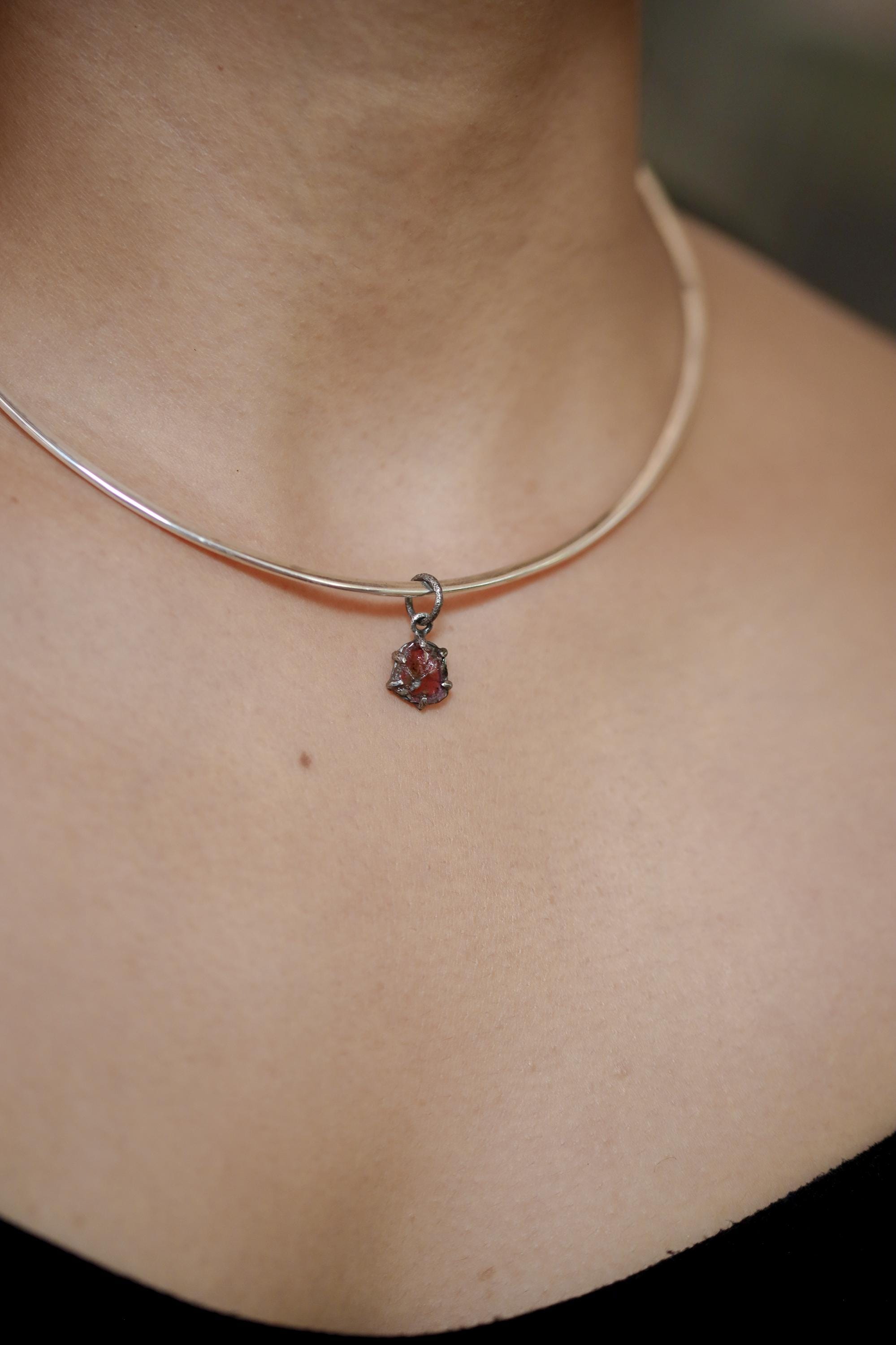 Polished slice of Natural Pink Tourmaline (Rubellite) wand with Darker Rind Pendant, Sterling Silver Claw Setting, Oxidized Hammer Finish