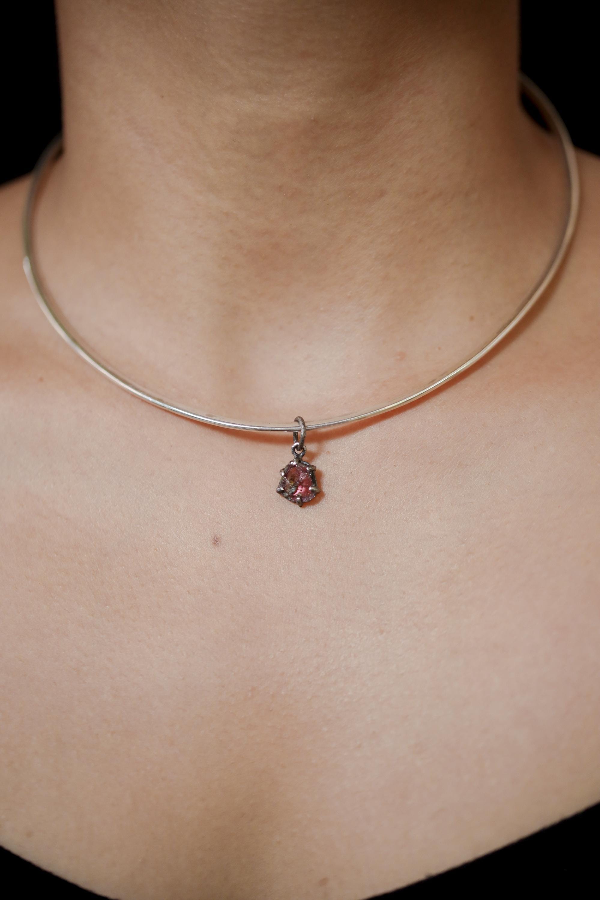 Polished slice of Natural Pink Tourmaline (Rubellite) wand with Darker Rind Pendant, Sterling Silver Claw Setting, Oxidized Hammer Finish