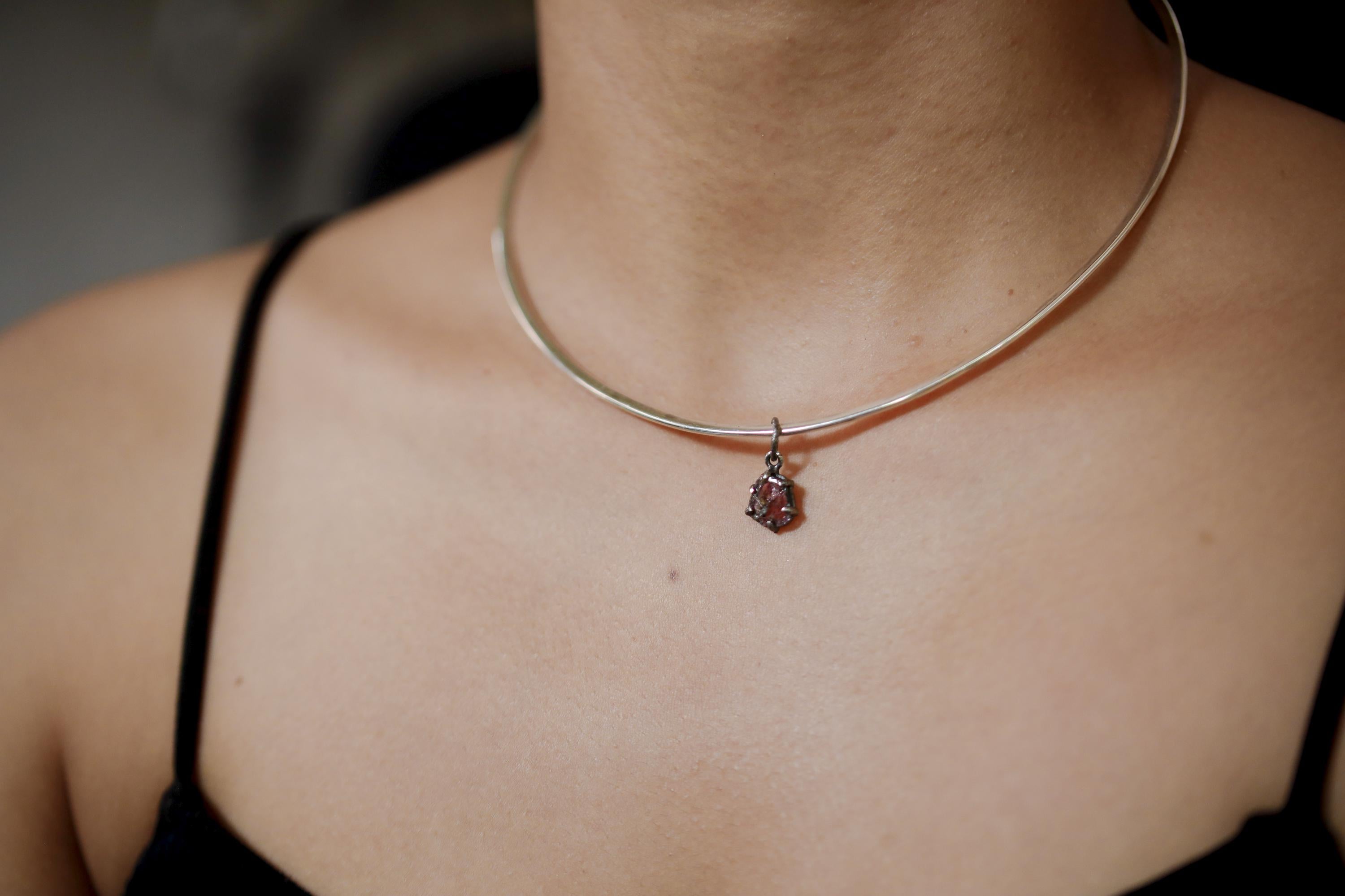 Polished slice of Natural Pink Tourmaline (Rubellite) wand with Darker Rind Pendant, Sterling Silver Claw Setting, Oxidized Hammer Finish