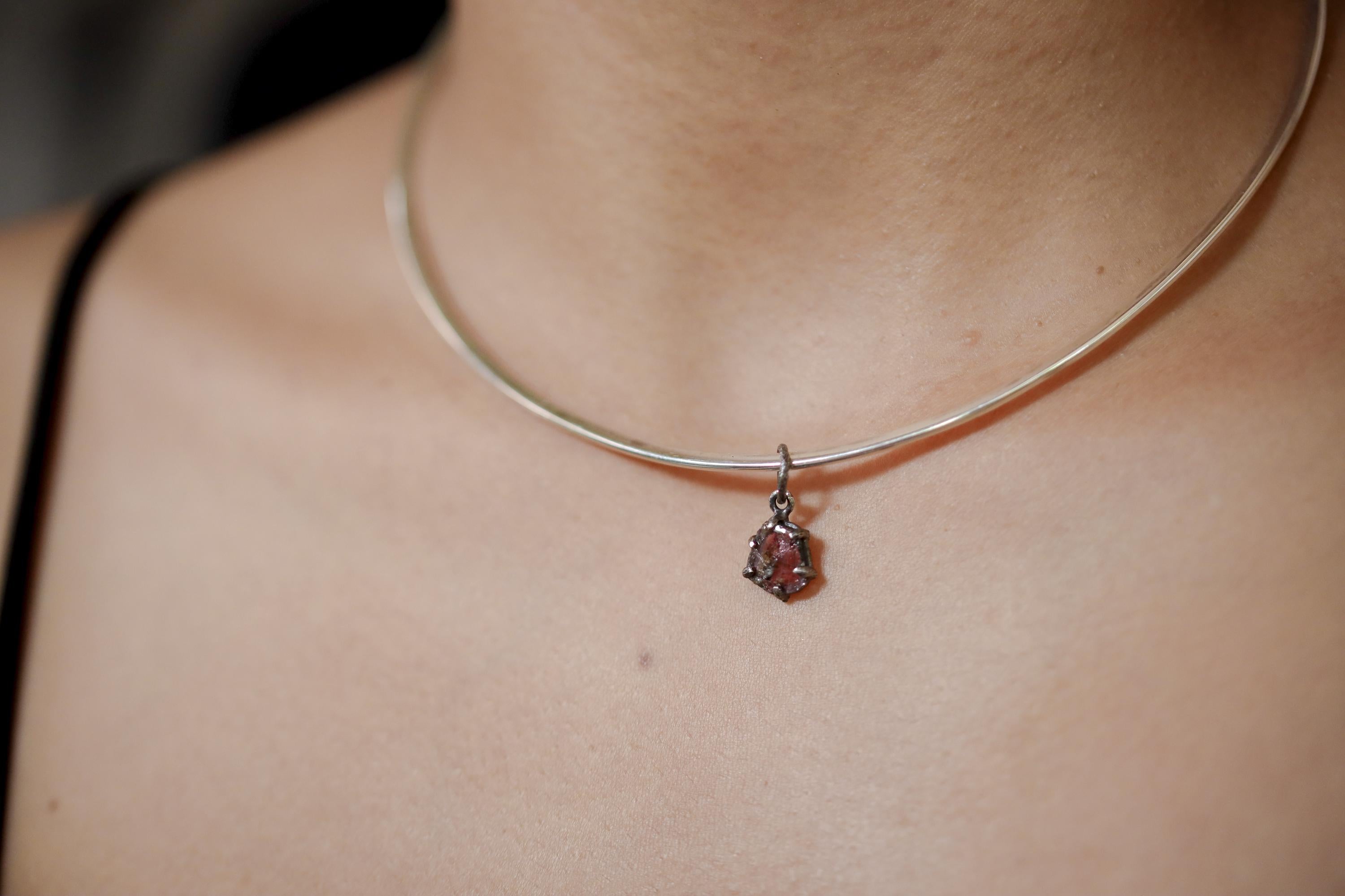 Polished slice of Natural Pink Tourmaline (Rubellite) wand with Darker Rind Pendant, Sterling Silver Claw Setting, Oxidized Hammer Finish