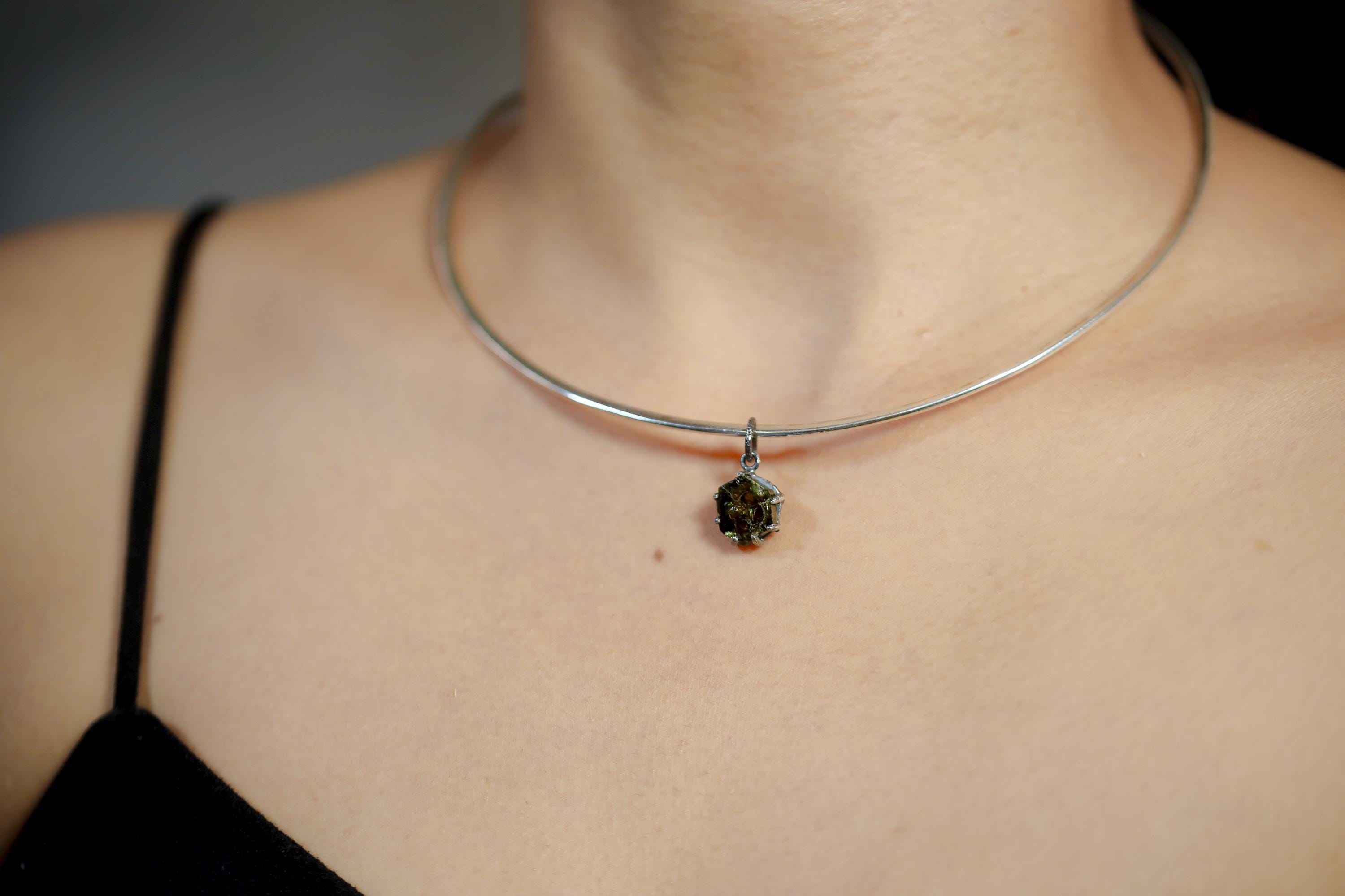 Green Tourmaline Pendant, 925 Sterling Silver, Polished 6-Sided Wand, Dark Rind Specimen, Heart Chakra, Healing Crystal Jewelry Raw Energy