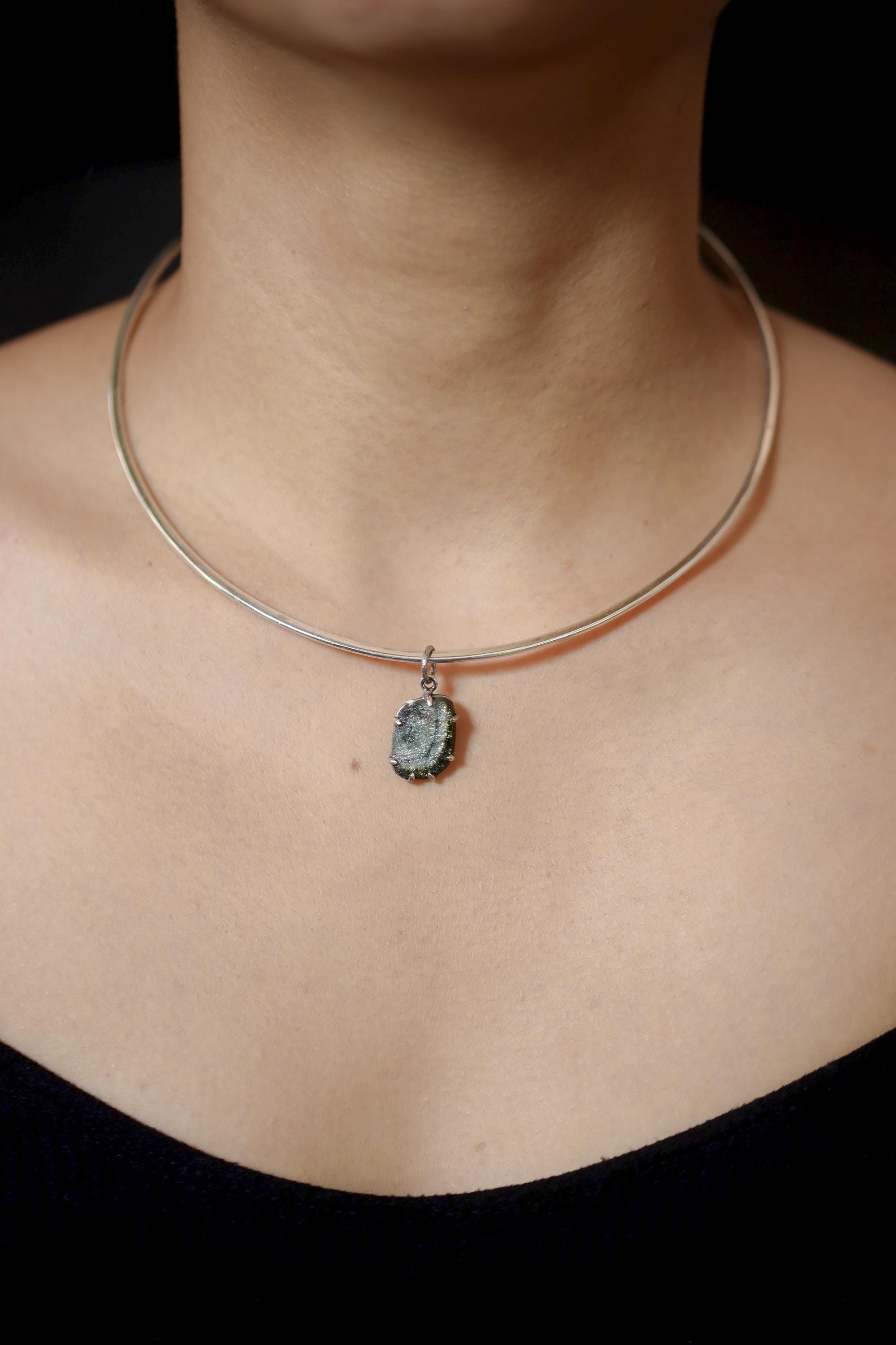 Polished Slice of Natural Green Blue Tourmaline Wand with Darker Rind Pendant, Sterling Silver Claw Setting, Oxidized, Hammered Textured