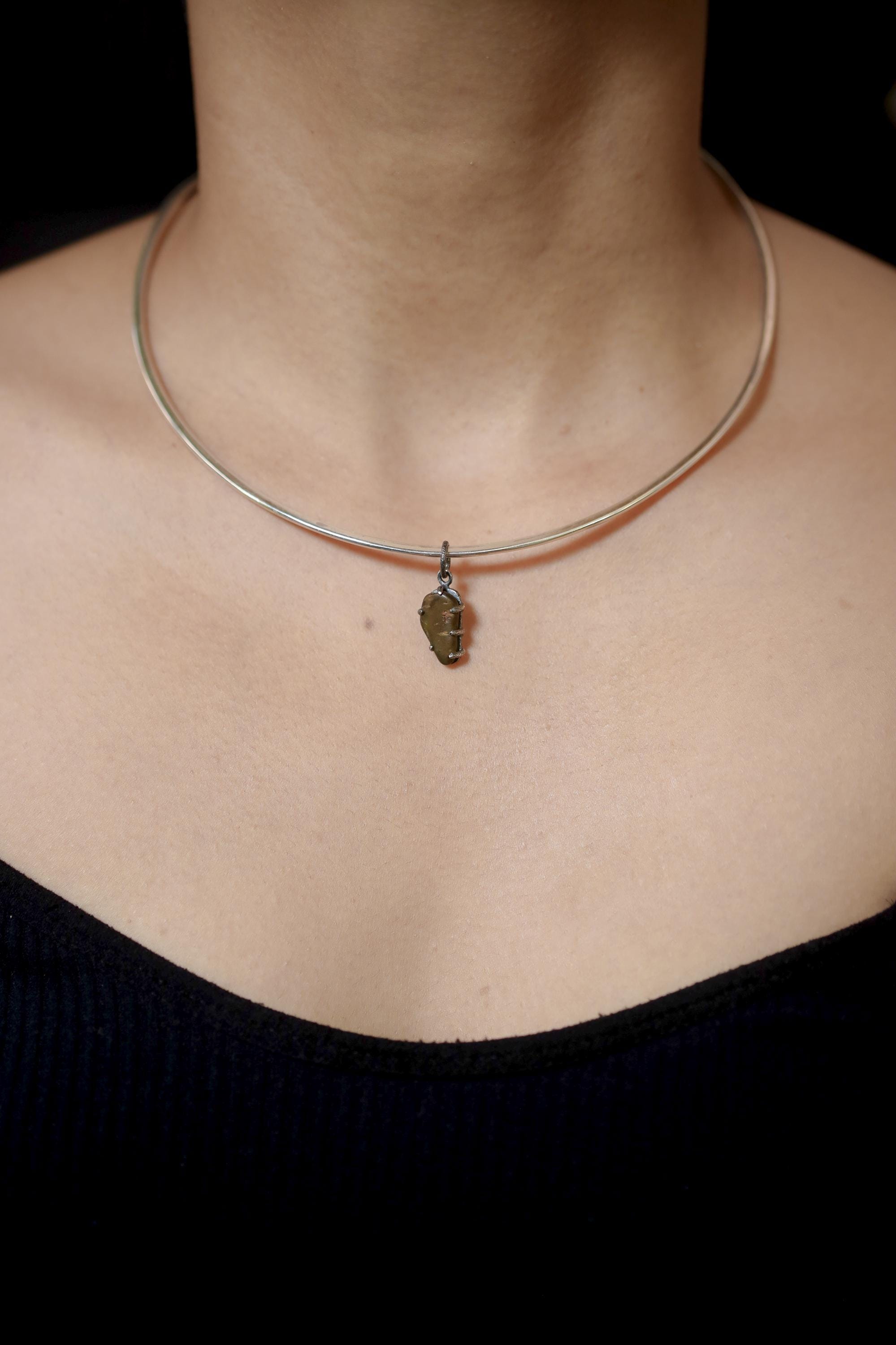 Australian River Tumbled Natural Gem Peridot Pendant, Sterling Silver,Claw Setting, Hammer Textured Oxidized Finish, Heart Chakra Jewelry