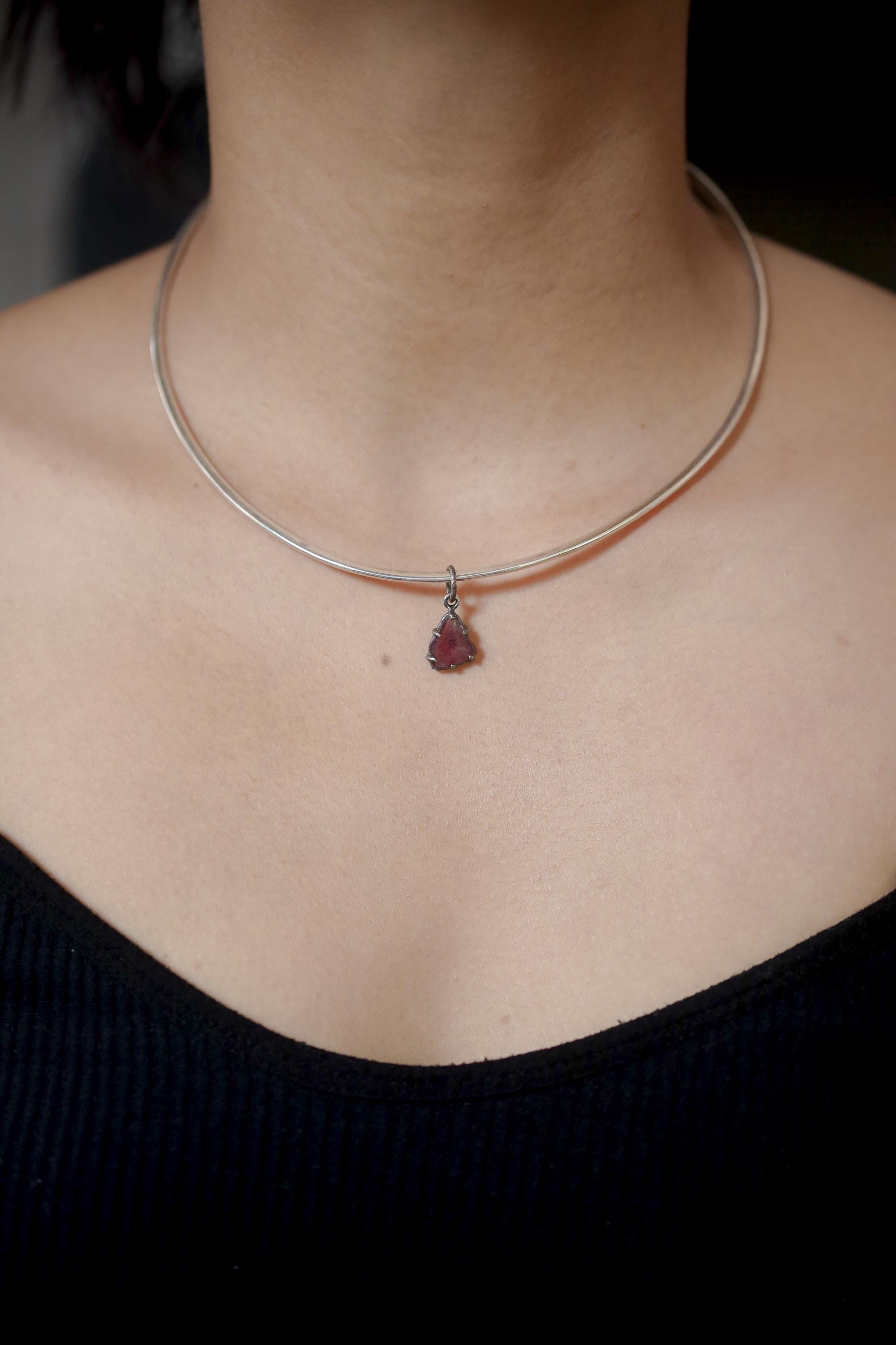 Polished Slice of High-Grade Natural Pink Tourmaline Wand with Darker Rind Pendant Sterling Silver Claw Setting Oxidized Finish